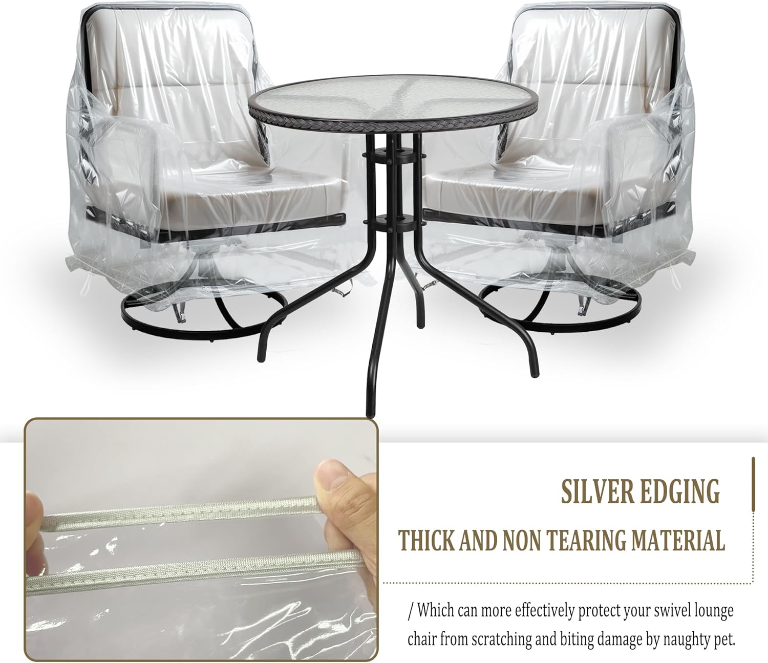 Transparent Patio Swivel Chair Covers 2 Pack, Waterproof Clear PVC Outdoor Furniture Covers with Silver Edge, Front Buckle & Drawstring for Secure Fit, 33" W x 35" D x 38.5" H