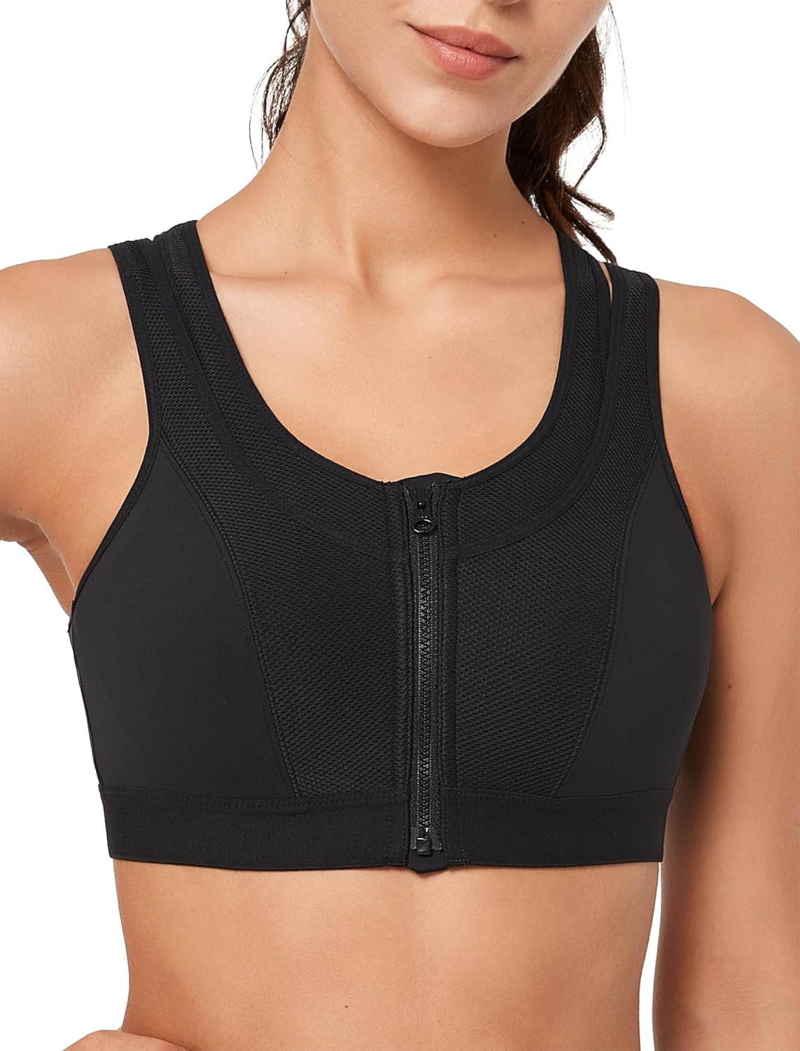 Yvette High Support Sports Bras for Women Double Deck Straps High Impact Mesh Zip Front Sports Bra for Running Black 3X-Large Plus