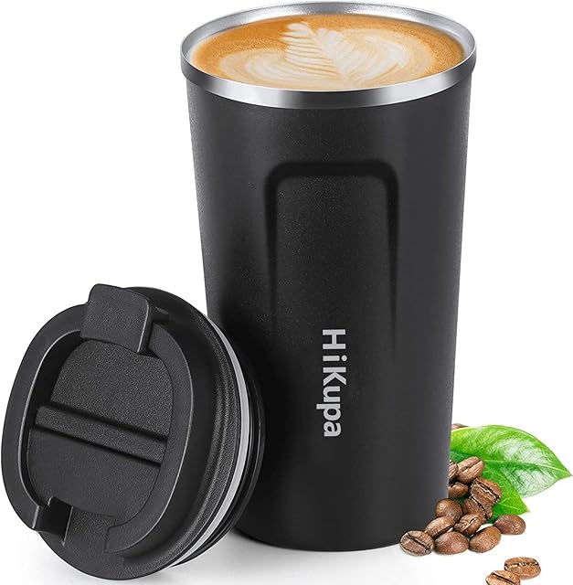 HiKupa® 17 oz Insulated Travel Mug with Lid, BPA Free, Leak Proof, Double Walled Stainless Steel Vacuum Reusable Coffee Cup for Hot and Cold Drinks (510ml, Black)