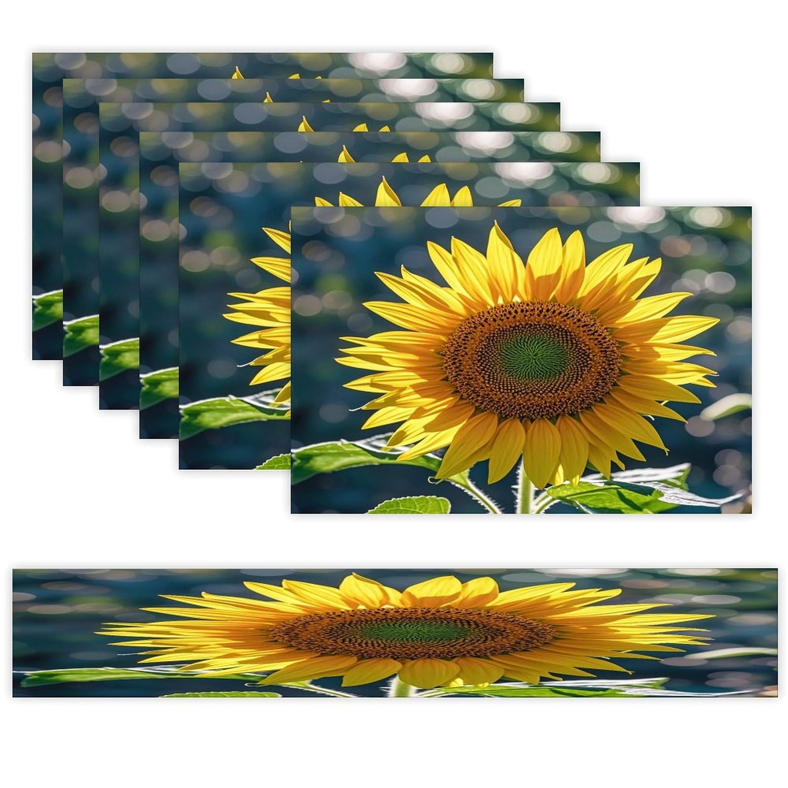 Night Sunflowers Placemats Set of 6 and Table Runner for Holiday Party Kitchen Dining Table Decor Farmhouse Style Washable Table Mat Set Heat Resistant Linen Place Mat Sets