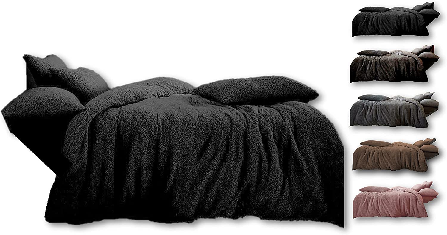 Northern Luxe Teddy Bear Fleece Super Soft Fluffy Warm and Cosy Duvet Sets Fitted Sheet (Black, Double Set)