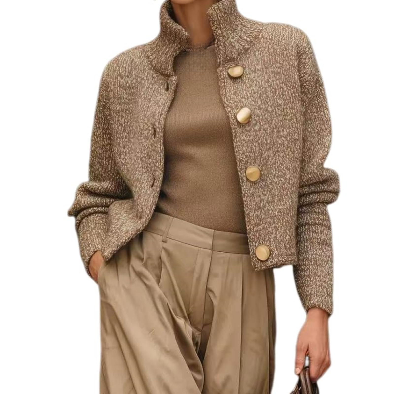 Womens Turtleneck Button Down Cardigan Sweater Coat Retro Mixed Color Knit High Collar Winter Casual Outerwear with Pockets
