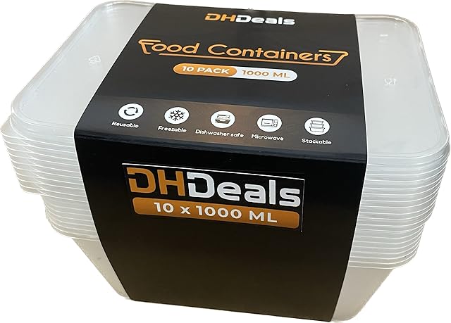 DH Deals DH DEALS 10 Plastic Food Containers with Lids Meal Prep Takeaway Microwave Freezer & Dishwasher Safe Durable Clear 1000ml