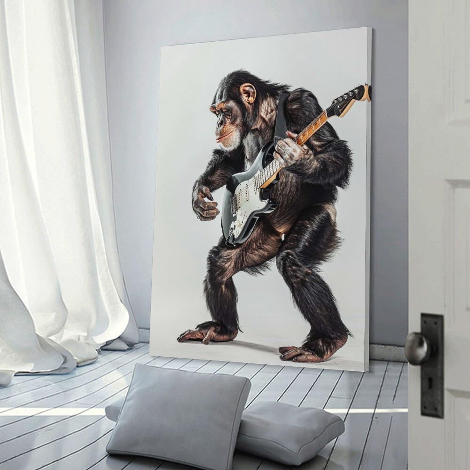 Junmoney Chimpanzee Guitar Room Decor Wall Art, 24x36inch(60x90cm), for Office, Study Or Home Workspace, A Smart Decor Choice for Study Walls