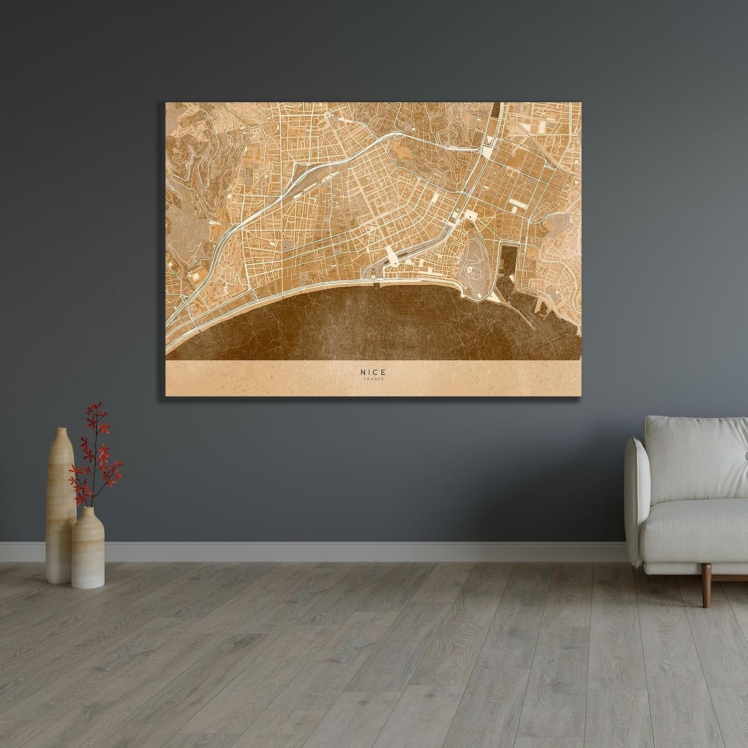 ArtDirect Sepia vintage map of Nice downtown France Custom Framed Art Print Giclee Print or Canvas Options with Various Sizes and Customization by Laiz Blursbyai, Rosana
