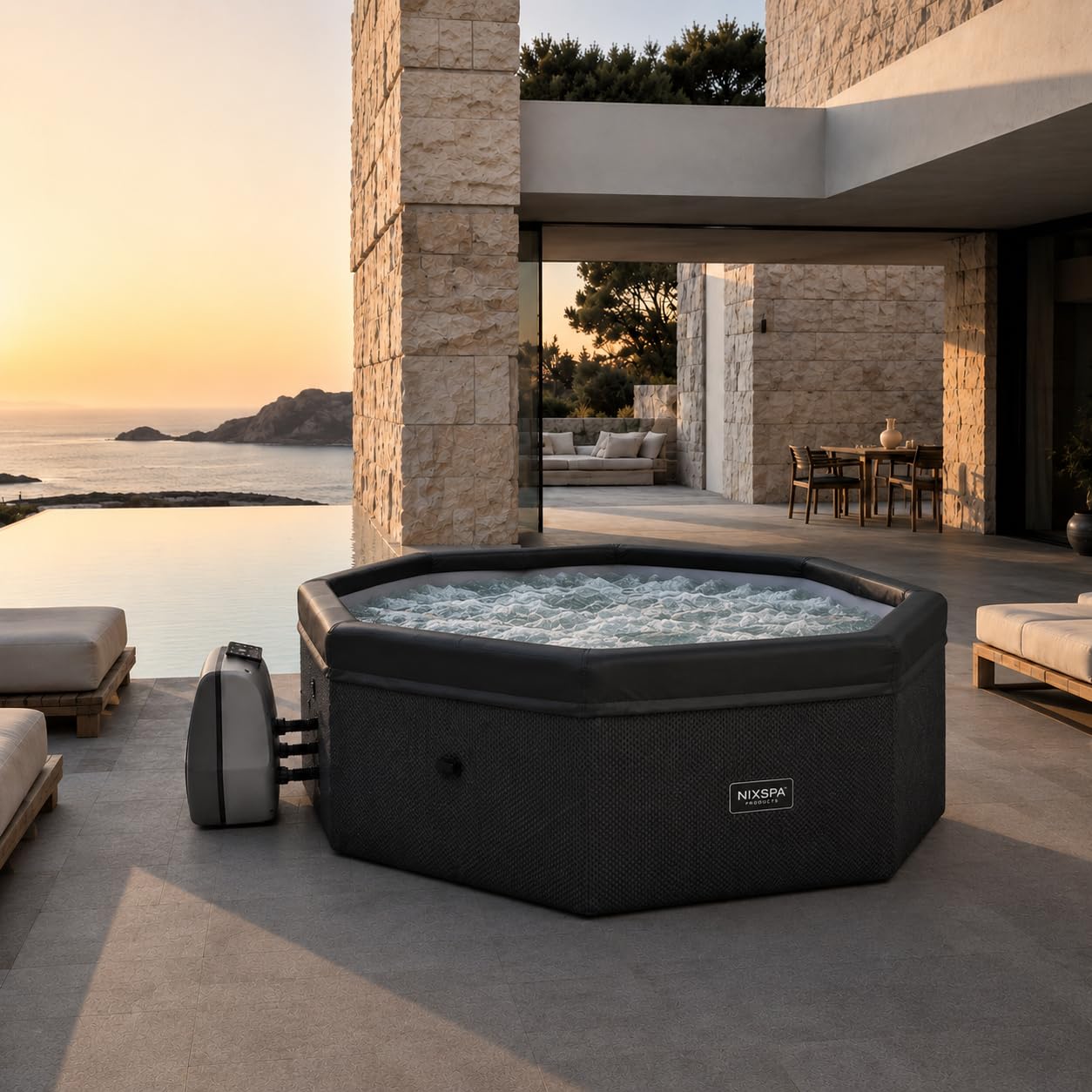 Nixspa SPA Exterior Hinchable semirrígido 5-6 Personas 193 x 193 x 73 cm con 100 chorros de Burbujas, Calentamiento hasta 42°C y filtración silenciosa