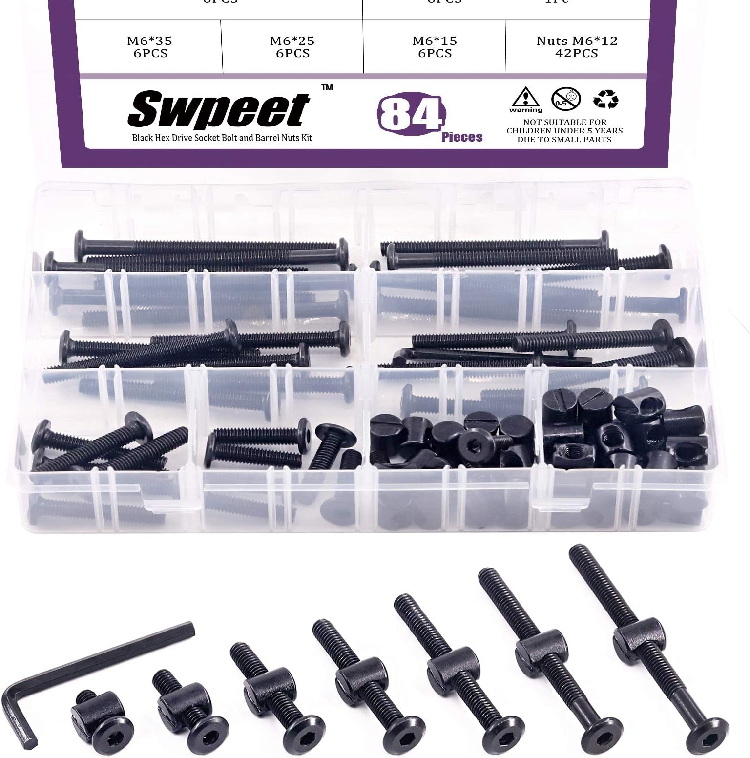 Swpeet 84Pcs Black M6 × 15/25/35/45/55/65/75Mm Crib Hardware Screws Kit, Hex Socket Head Cap Baby Bed Bolt And Barrel Nuts With 1 X Allen Wrench Perfect For Furniture, Cots,