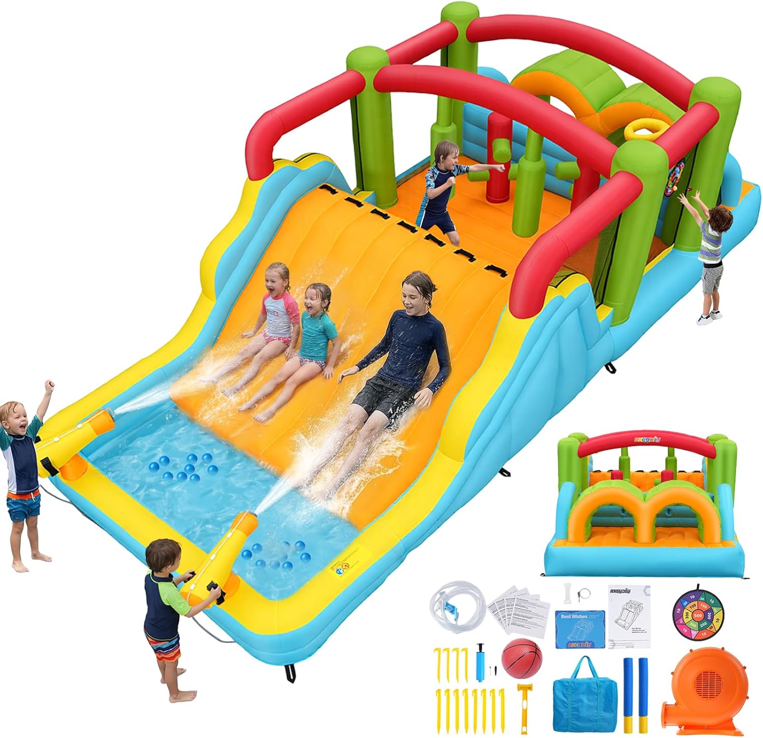 AKEYDIY Big Bounce House for Kids 3-12, Inflatable Obstacle Course with Splash Play Zone & Water Cannon, Backyard Indoor/Outdoor Adventure Fun, with Air Blower (Adventure Waterslide)