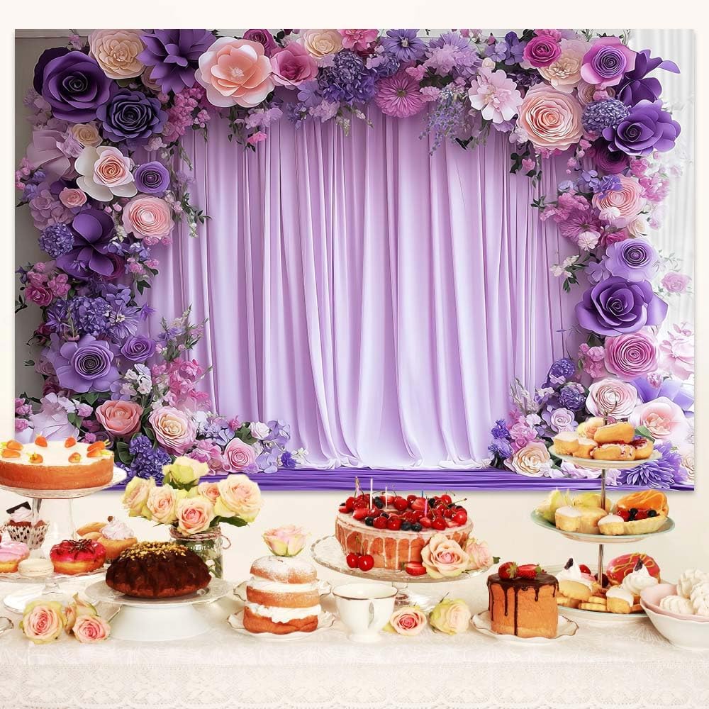 8X6ft Purple Flower Wall Background Photography Lavender Backdrop for Parties Wedding, Girls Birthday Princess Weeding Bridal Shower Purple Floral Anniversary Ceremony Decor. image 2