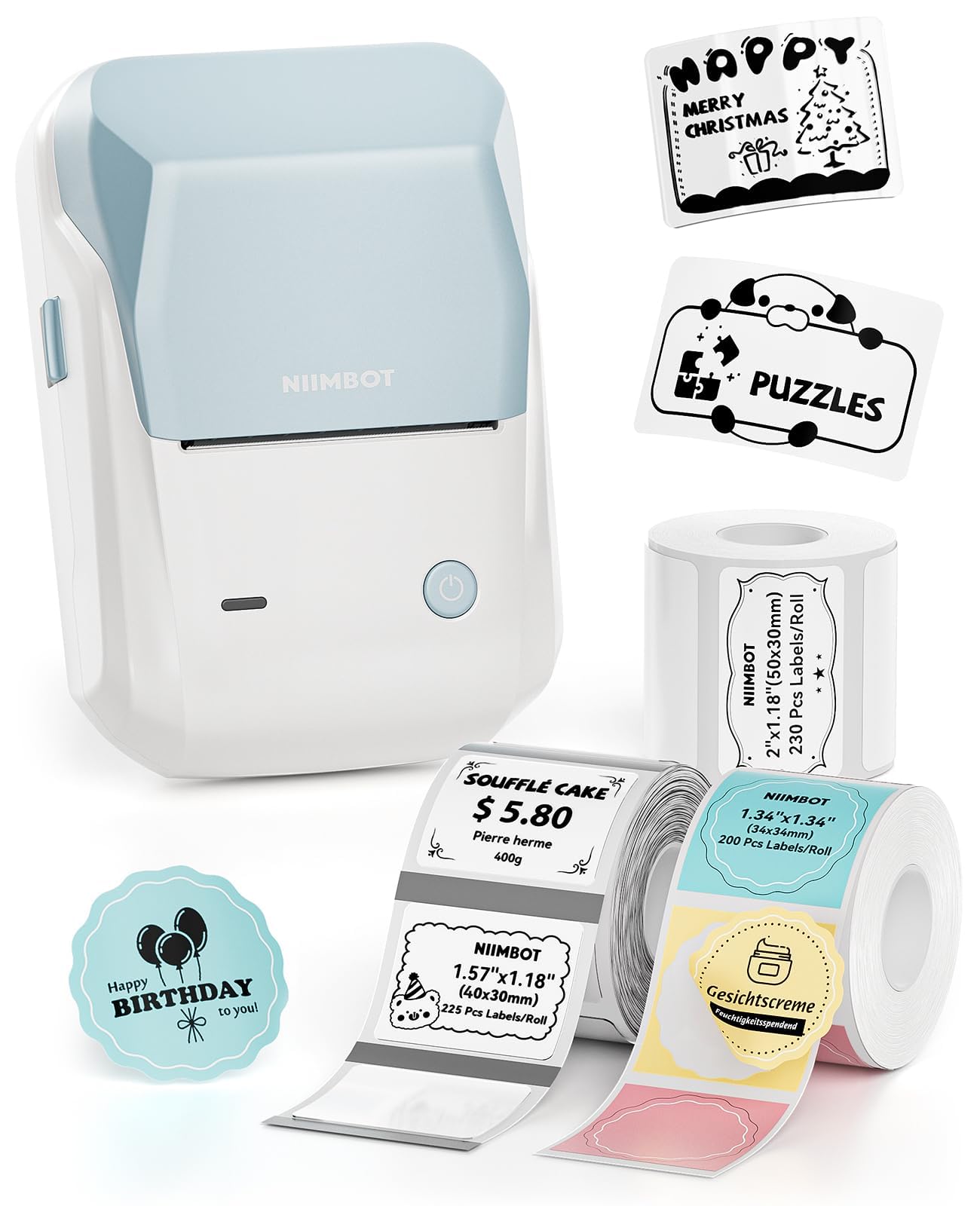 NIIMBOT B1 Label Maker Machine, 2 Inch Bluetooth Thermal Label Printer, Easy to Use Sticker Printer Compatible with iOS and Android(With 3 rolls of labels, Light Blue)