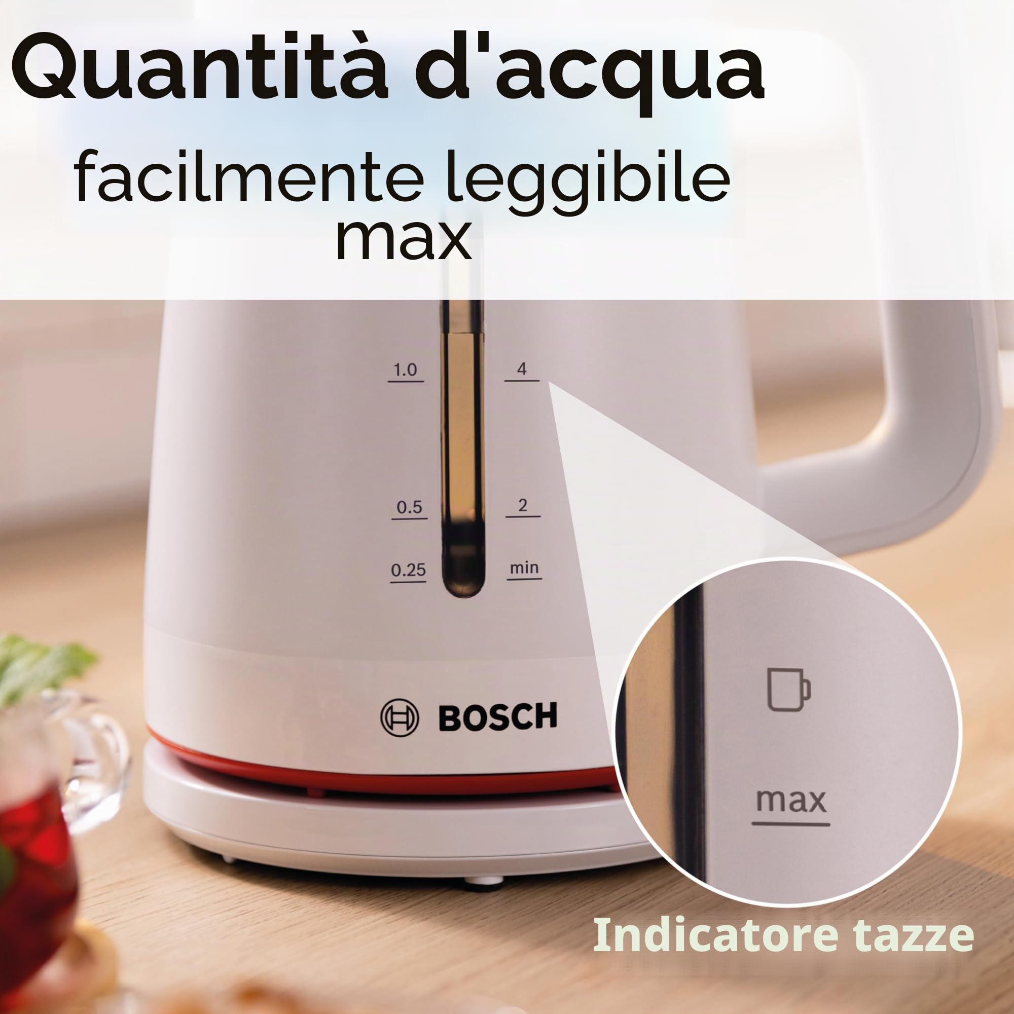 Bosch TWK3M121 Bollitore, Capacità 1.7 L, Filtro Anticalcare, Bianco | Bollitore, Riscaldamento Rapido, Filtro Removibile, Indicatore Livello Acqua, Spegnimento automatico, Facile da Pulire