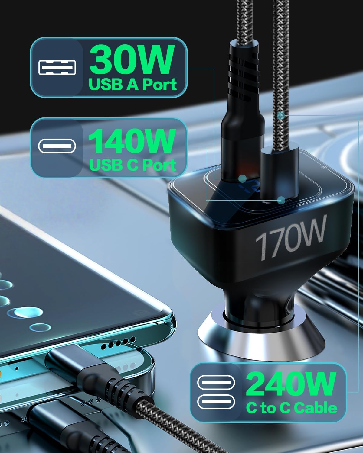 170W USB C Car Charger, PD3.1 140W+30W Fast Charging Adapter with 240W Cable, Multi-Port USB-C Car Charger Compatible with Laptop MacBook iPhone 17/16/15 Pro Max Samsung S24 Ultra iPad (Black)