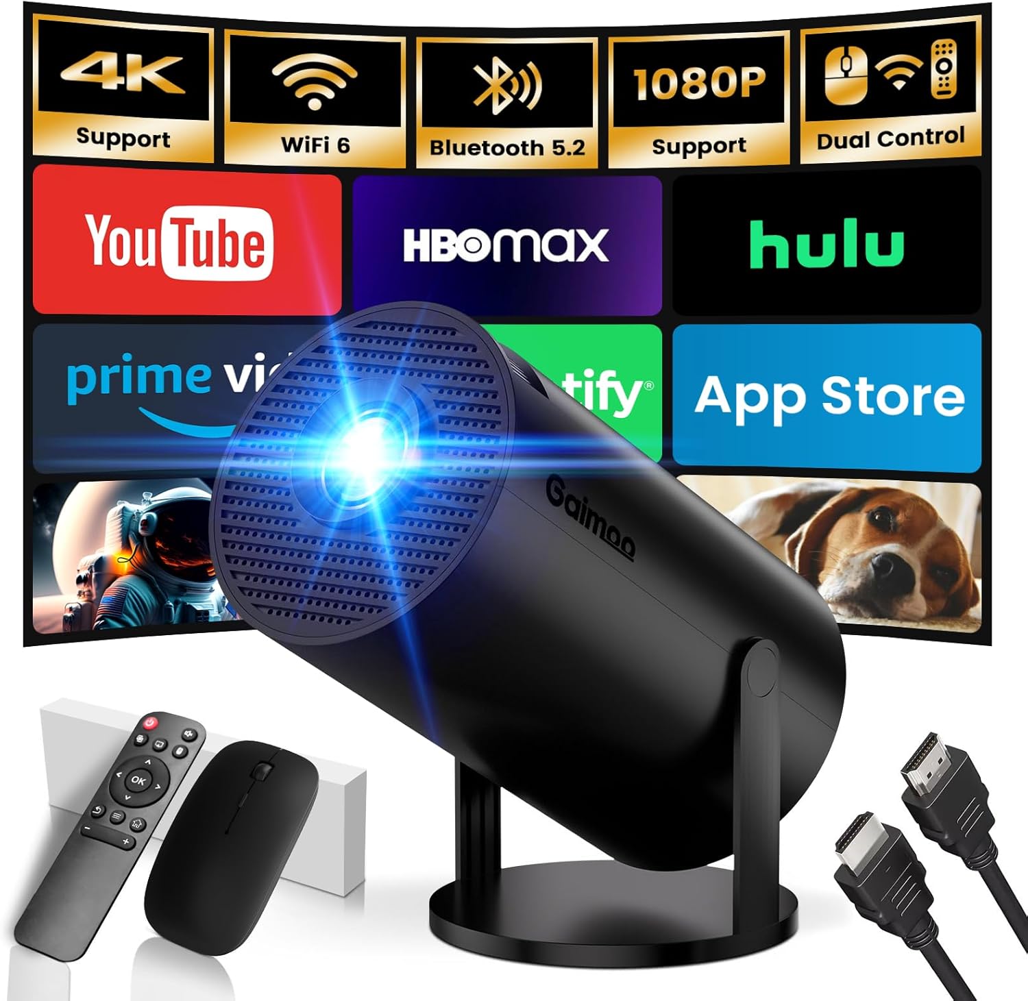 (Modelo y aplicación integrados 2026) Soporte de proyector portátil 4K 1080P Mini proyector Control dual con mouse Android TV WiFi 6 BT5.2 Rotación de 180 ° Compatible con HDMI/TV Stick/USB/Laptop, Negro