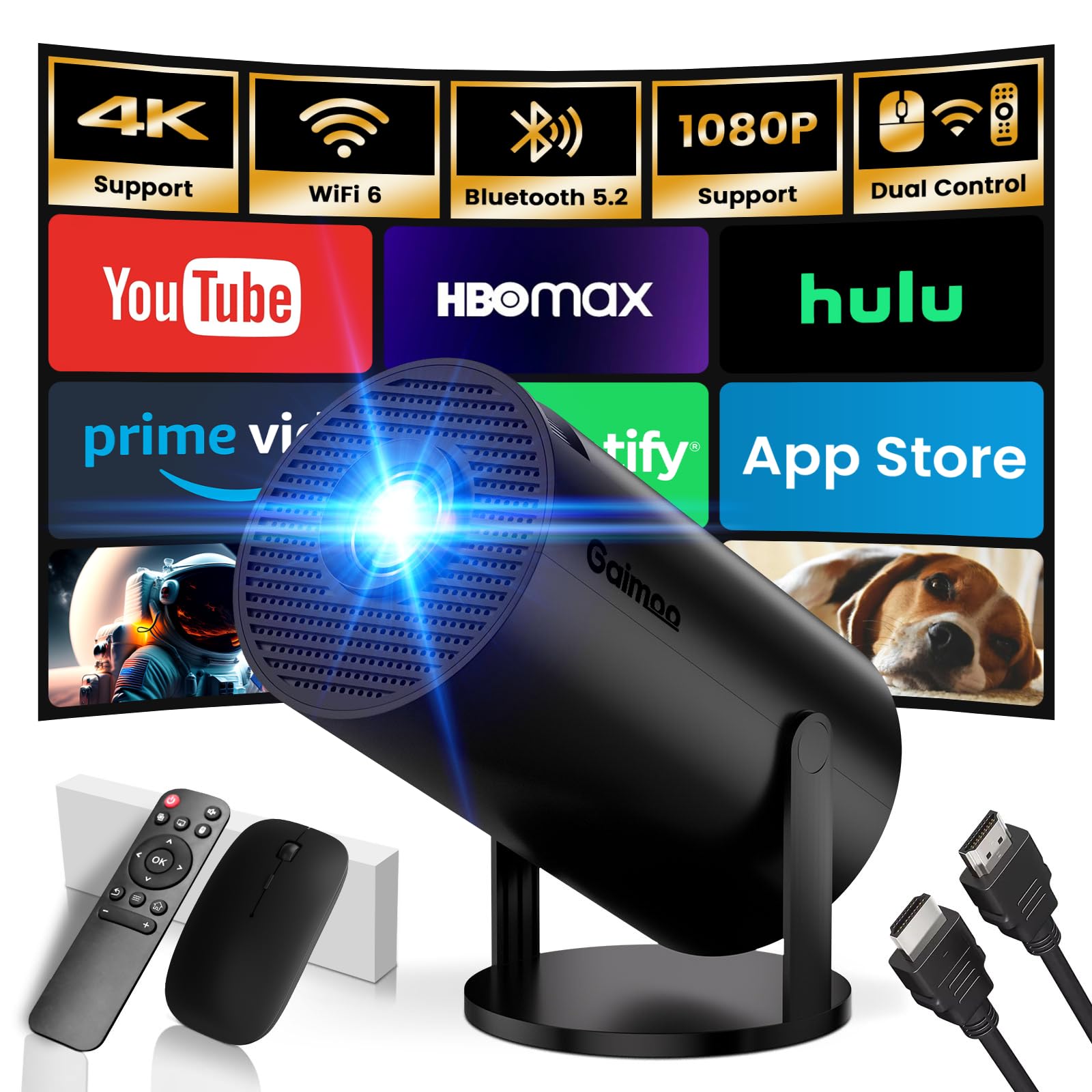 [2026 Modelo & App integrada] Proyector Portátil Soporte 4K 1080P Mini Proyector Dual Control con Ratón Android TV WiFi 6 BT5.2 180° Rotation Compatible con HDMI/TV Stick/USB/Laptop, Negro