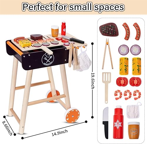 Miniatura 6 de MerryPony Parrilla de juguete de barbacoa de madera, juego de parrilla de barbacoa para niños con comida de juego y herramientas de parrilla, juegos