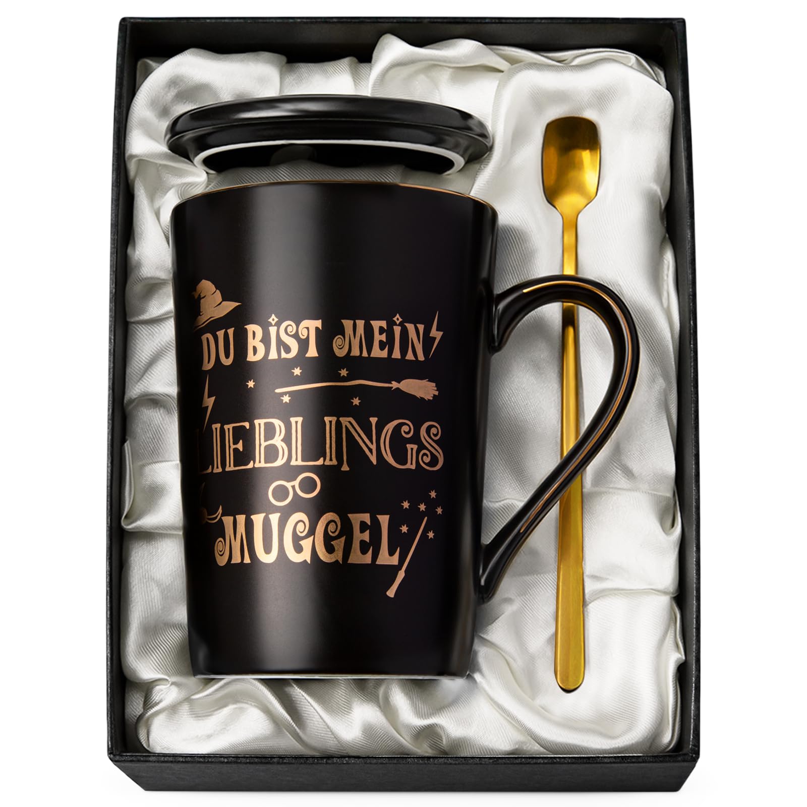 Partner Geschenke zum Valentinstag Jahrestag - Du bist mein Lieblings Muggel - 400ml Zauber-Thema-Kaffeebecher, Schwarz mit Golddruck, Geschenk für Ihn, Magie Liebhaber Fans, Grußkarte, Geschenkbox