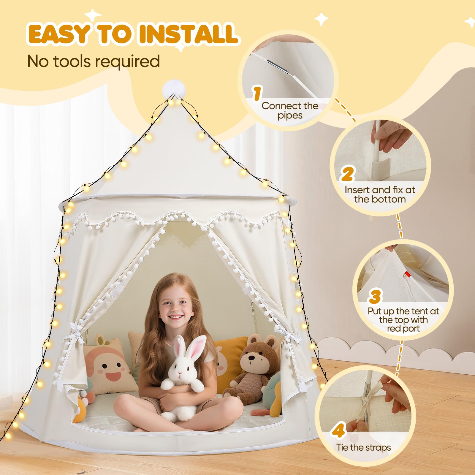 120 cm Spielzelt für Kinder, aus weichem Silky-Cotton-Stoff | 1 Eingang & 2 Fenster (TripleAir-Effect) | inkl. Tasche & Bodenmatte | stabiles Spielhaus