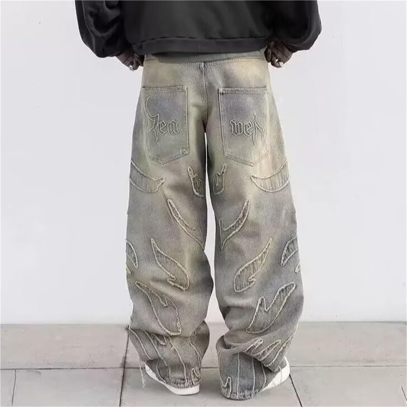 Spodnie Baggy dla mężczyzn, Jeansy hiphopowe, Spodnie Baggy z wysokim stanem, Spodnie jeansowe z nadrukiem, Luźne szerokie nogawki, Streetwear, Spodnie casualowe
