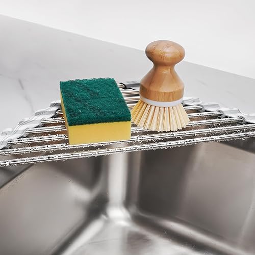 Miniatura 3 de Tomorotec Aqua Triangle - Escurridor de platos enrollable para esquina del fregadero, pequeño, plegable, acero inoxidable, organizador multiusos