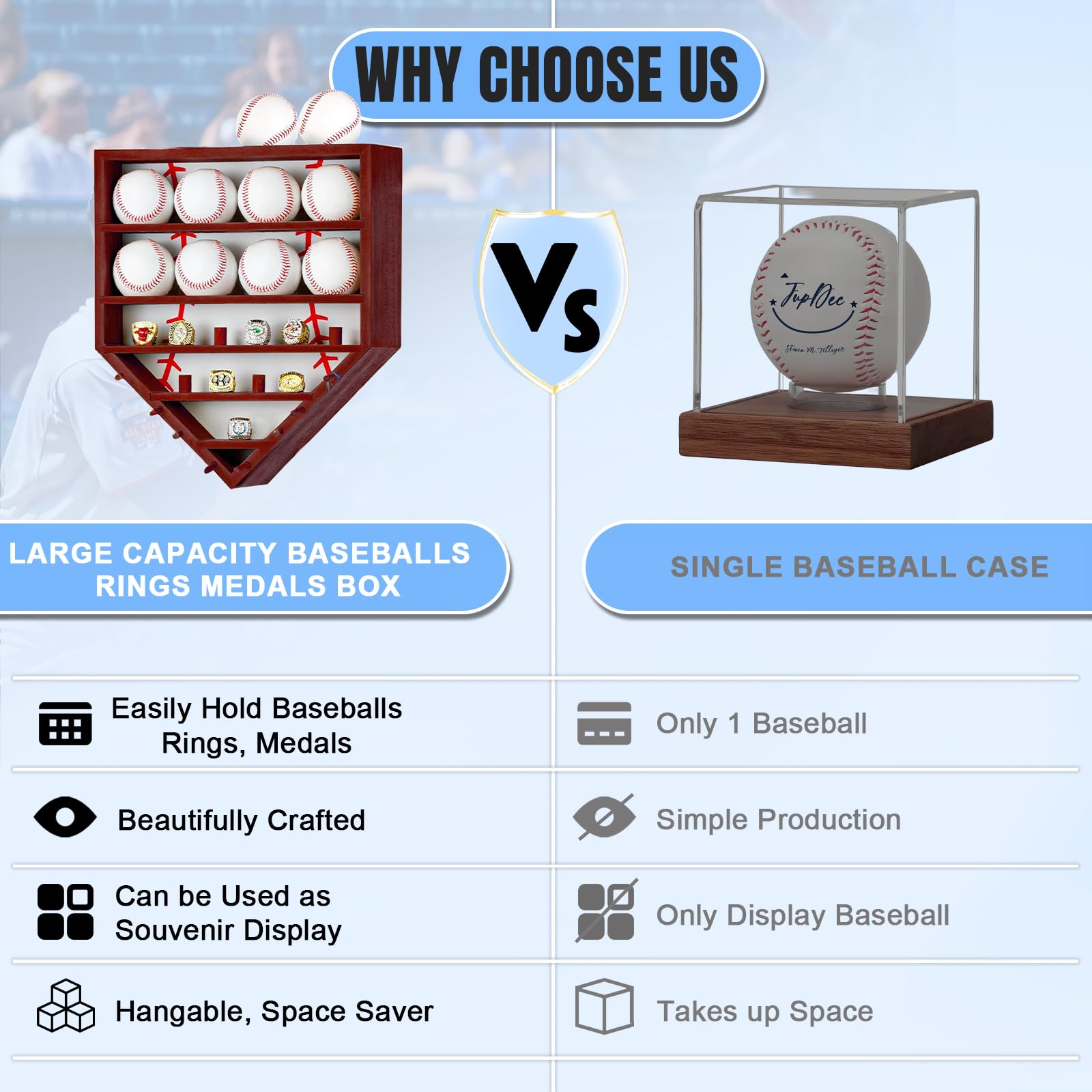 Baseball-Vitrine mit Ringhalter – Massivholz – Wandhalterung für Bälle, Pokal, Medaillen und Erinnerungsstücke – Baseball-Meisterschaft Ringetui