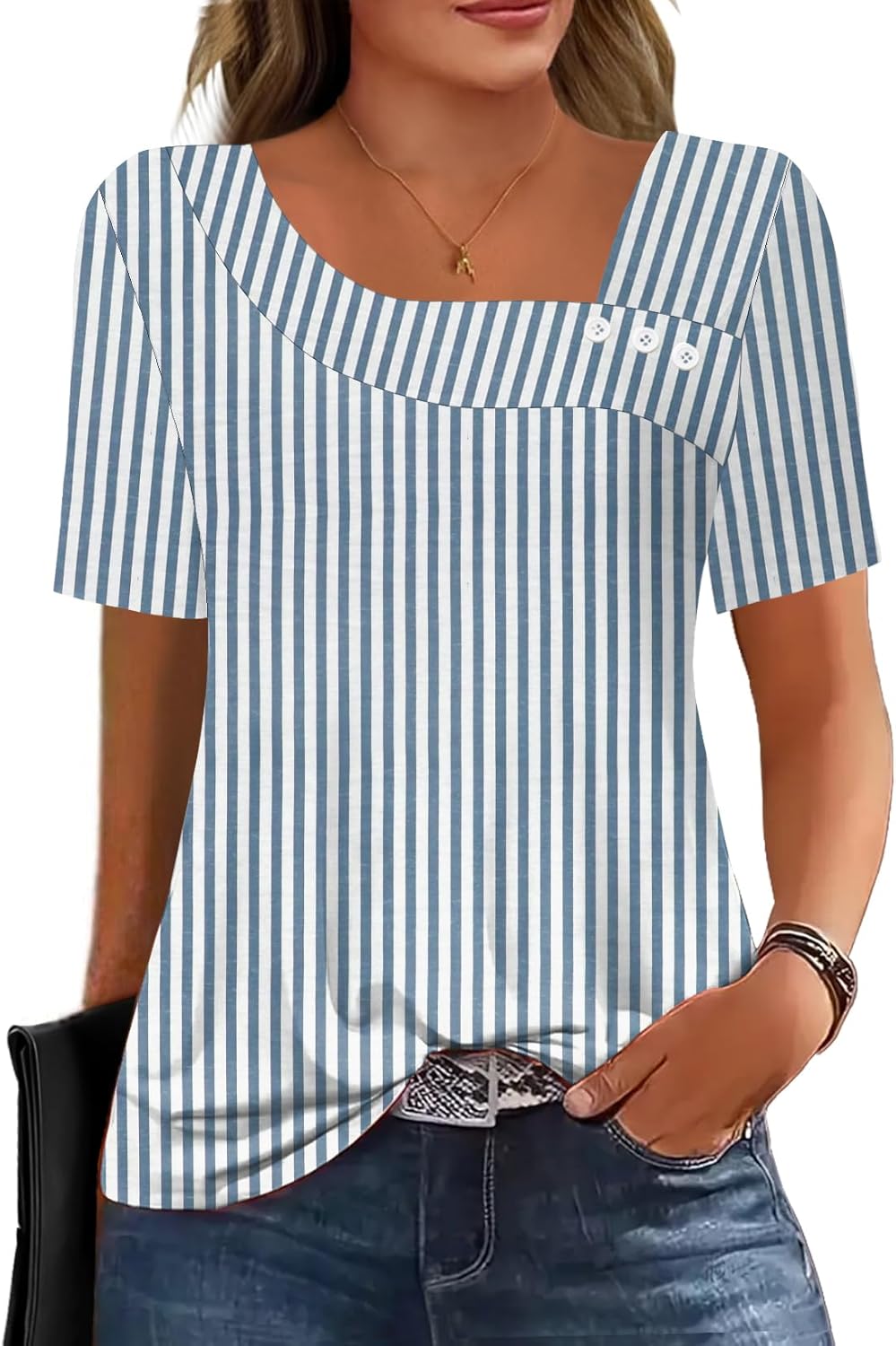 Soesdemo Short Sleeve Shirts for Women Asymmetrical Square Neck with Button Tops Casual Flowy Lightweight Summer Blouses