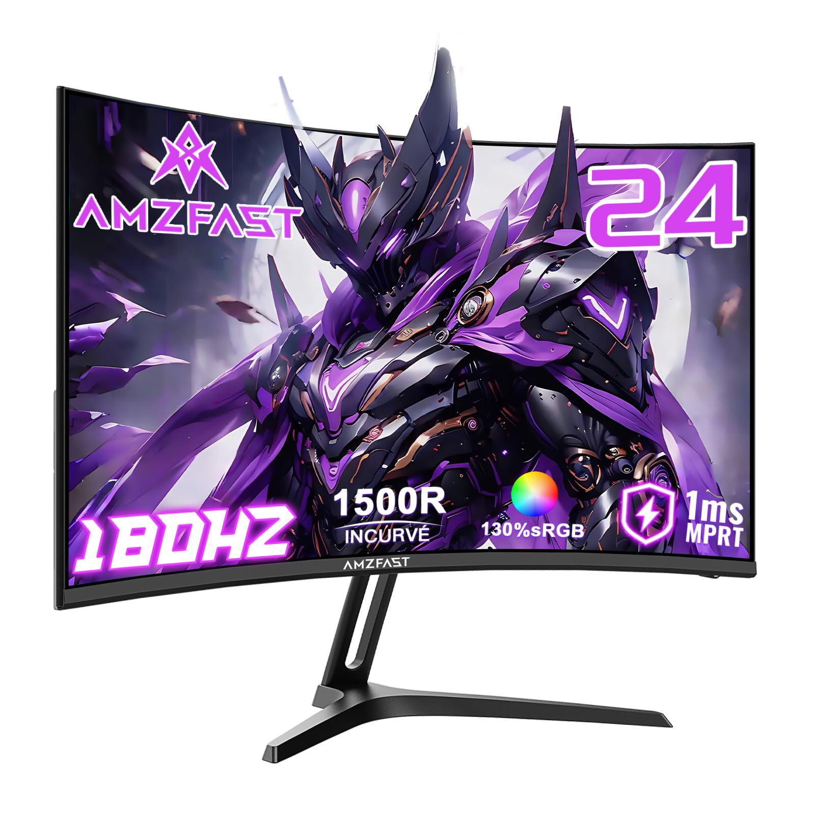 Amzfast Écran PC Gamer Incurvé 24 Pouces - 180Hz, FHD 1920x1080, sRGB 130% / DCI-P3 97%, 1 ms MPRT, Anti-Lumière Bleue, Adaptive Sync, HDMI 1.4 + DP 1.2, VESA 75x75, AMZG24C1