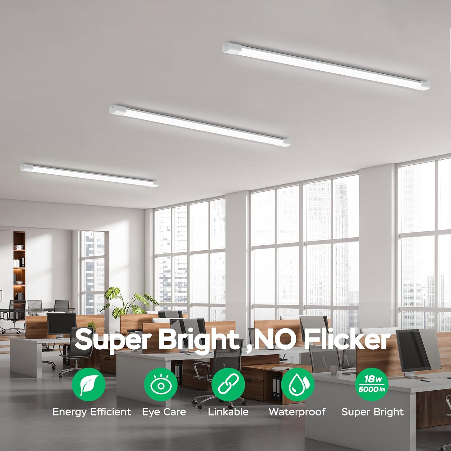 Plug in Light 2FT 2PCS Linkable LED Utility Shop Lights Fixture, 5000K Plug in Ceiling Light, 18W Overhead Lighting Bar for Room Workbench Cabinet Closet Garage, IP65 Waterproof TubeLight