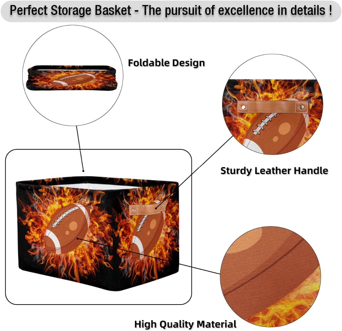 Small Storage Basket With Handles Kids Toy Fire American Football Storage Bins Collapsible Fabric Cube Storage Organizer Hamper for Nursery Living Room Bedroom Shelves Clothes Toy Box Gifts