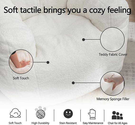 Bean Bag Chair with Armrests for Adults Teens Kids Lazy Bean Bag Couch with Filler Soft Tufted Foam Beanbag Chair Sofa with Teddy Fabric for Bedroom Living Room 39.37x39.37x27.56(Ivory White)
