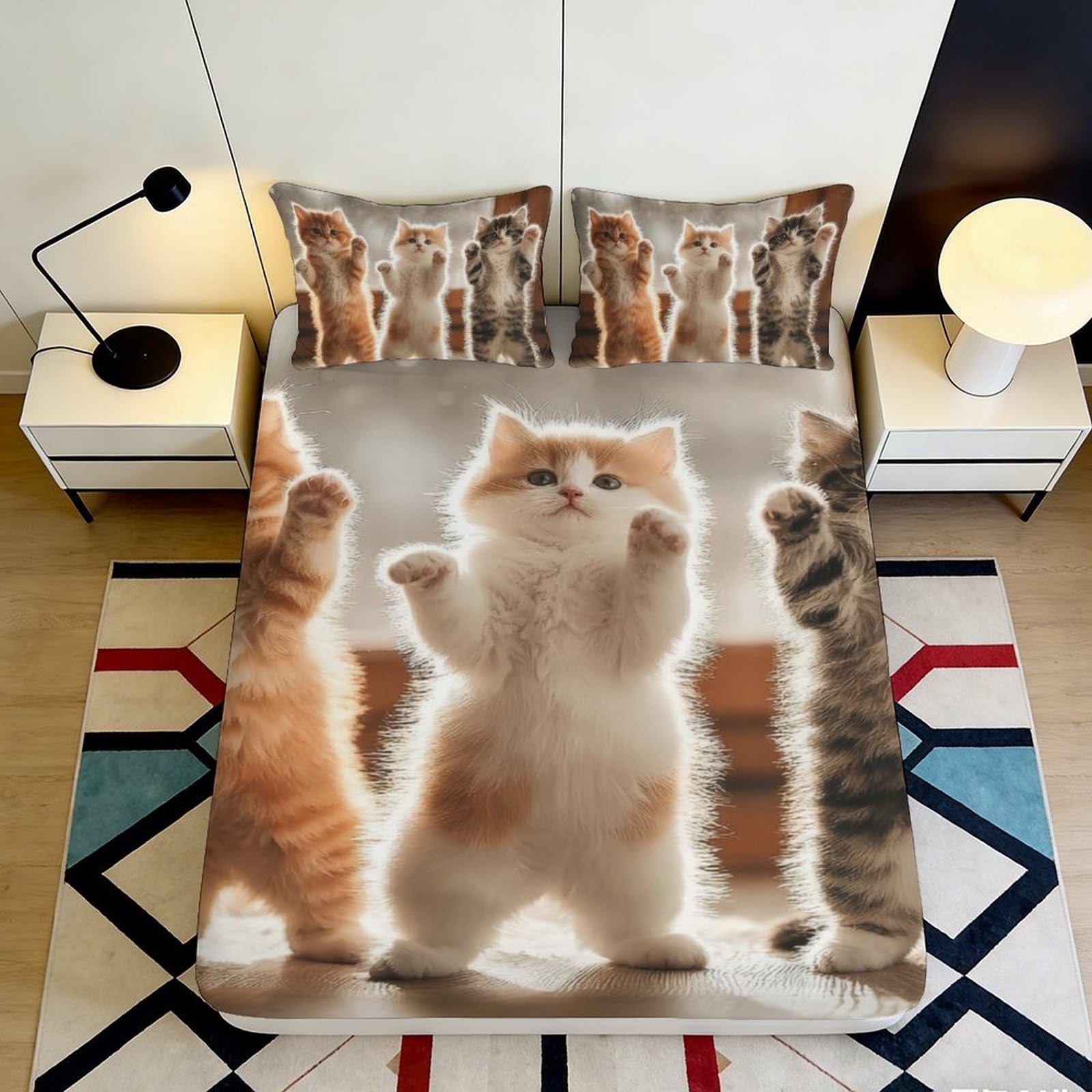 3D Printed Playful Cat Fitted Sheet Microfiber Cute Kitten Bed Cover for Bedroom Dorm Mattress Protection Decor 90x200x25cm