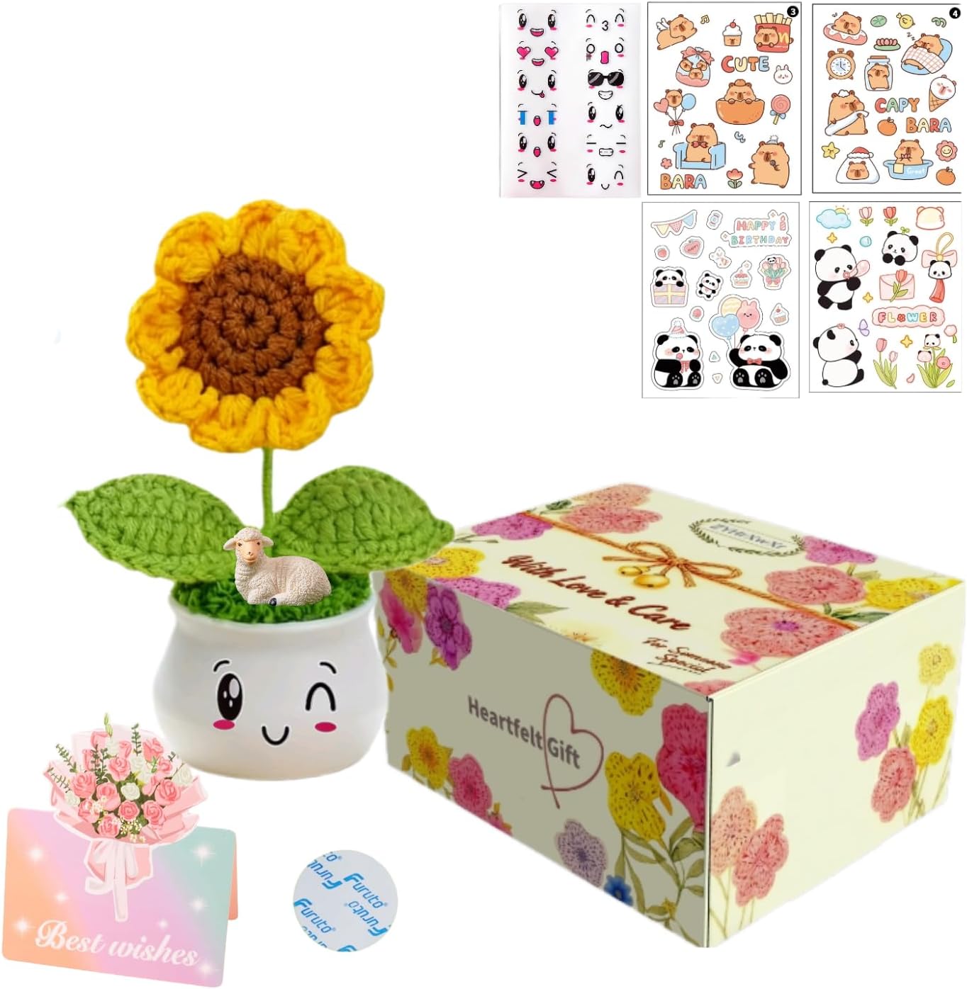 Cute Crochet Flowers – Heartfelt Gift Box for Women, Teacher, Coworker | Festive Gift for Christmas Birthday Valentines | Desk Home Office Decor