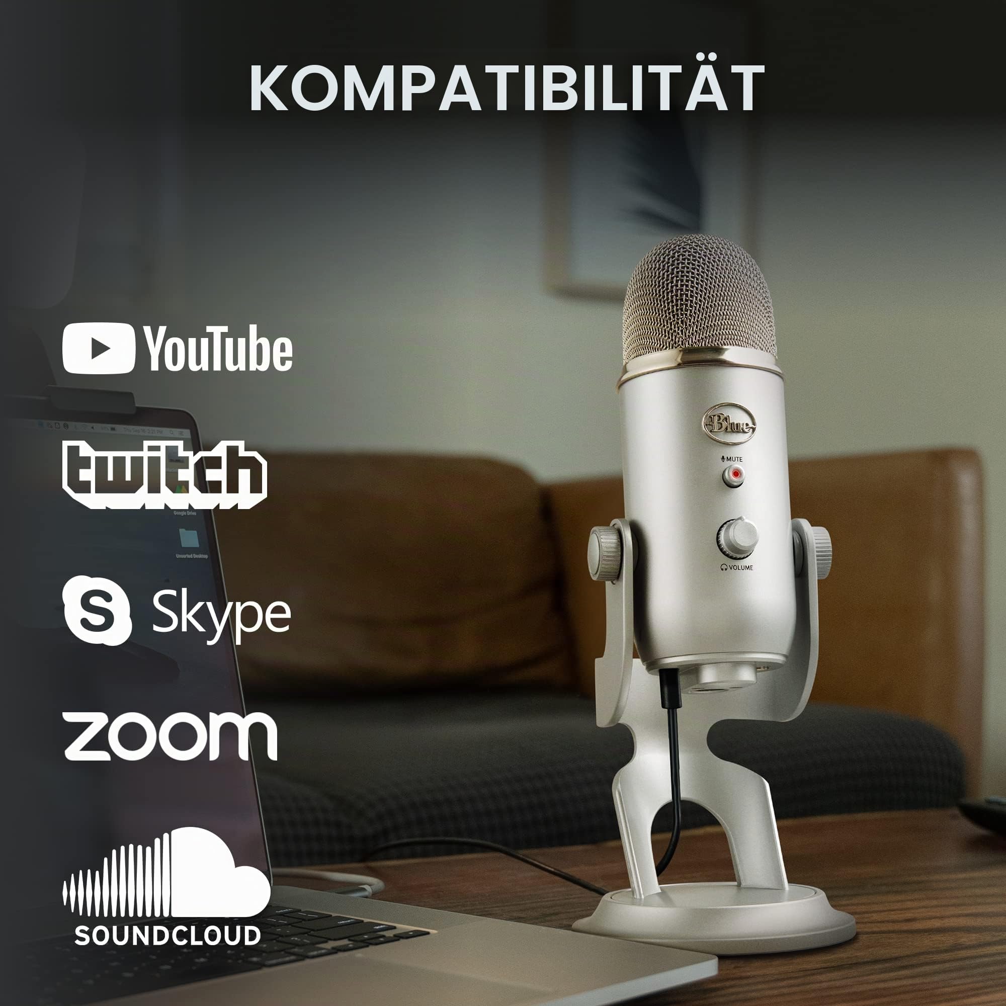 Blue Microphones Yeti Professionelles USB-Mikrofon für Aufnahmen, Streaming, Podcasting, Broadcasting, Gaming, Voiceover und mehr, Plug 'n Play auf PC und Mac - Silber