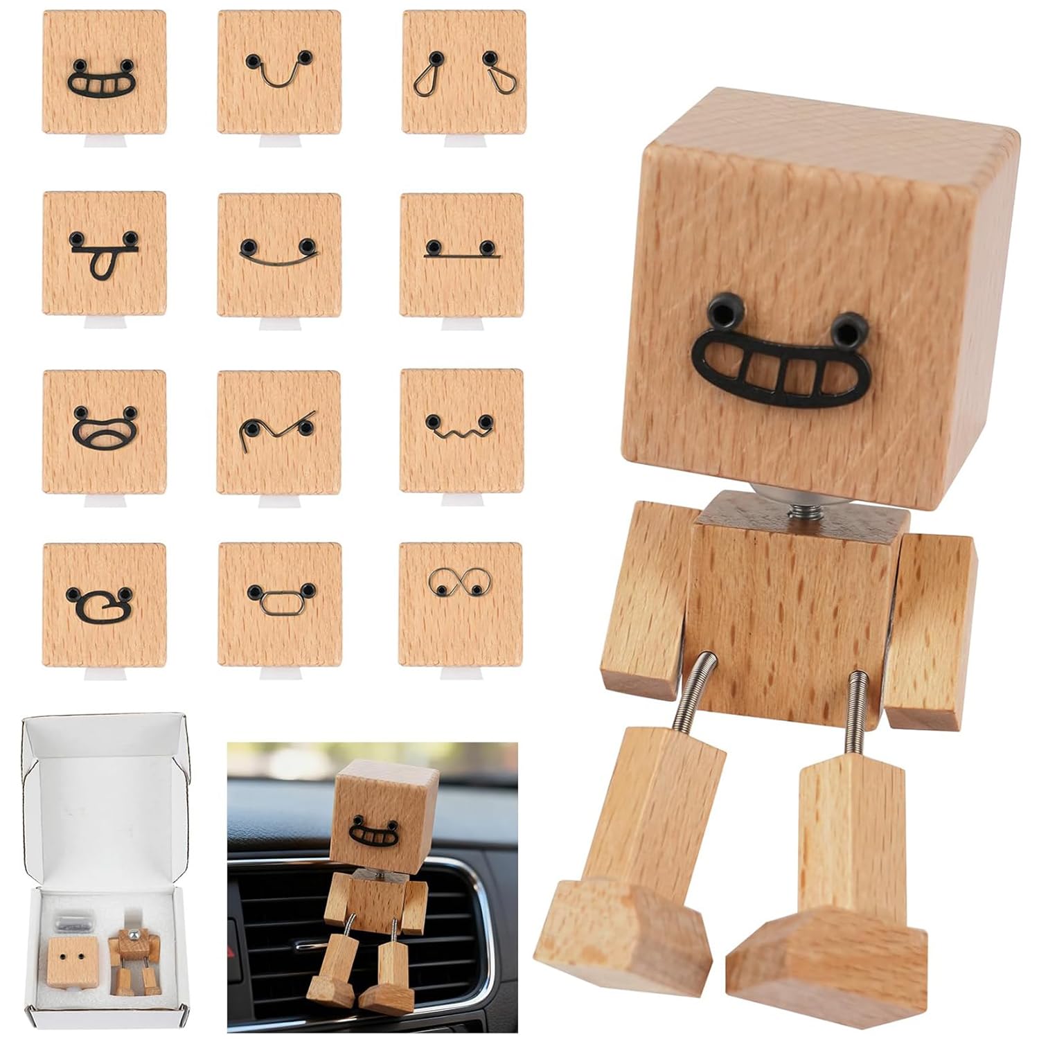 XUJAIOLQP Wooden Man Figurine for Car Dashboard, Shaking Wooden Man Figurine with 12 Expressions, Funny Handmade Shak Feet Woodens Doll for Desktop & Car Dashboard Ornament