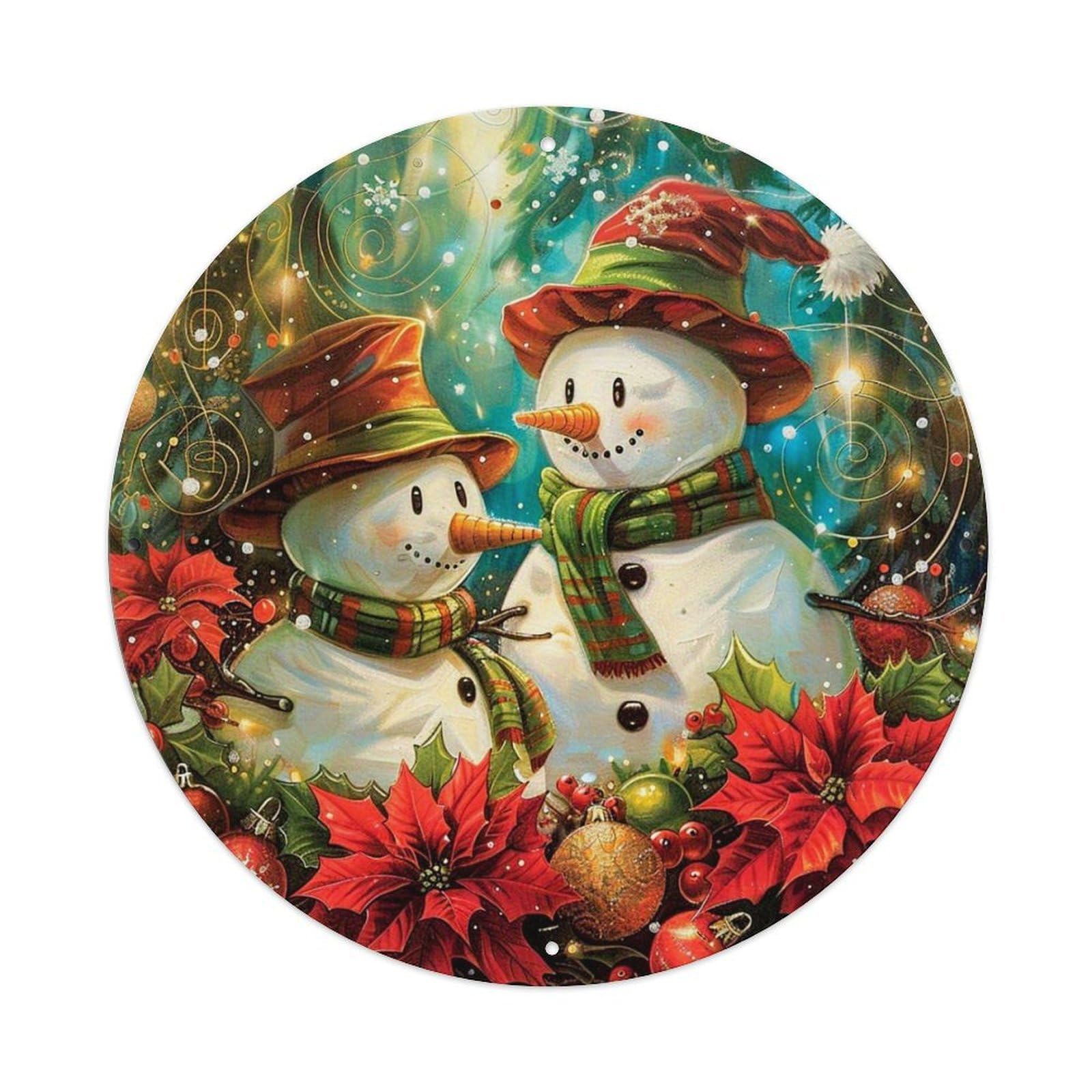 Festive Snowmen With Poinsettias And Ornaments Vintage Metal Tin Sign Retro Wall Decor for Home Bar Garage Cafe, Indoor & Outdoor Decorative，circle Metal Poster, 8x8 Inch