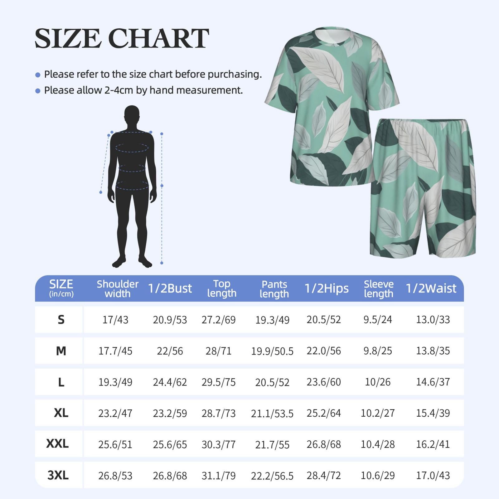 Conjunto de pijama clásico con estampado de hojas grises menta, pantalones cortos de pijama suaves para hombre, perfecto para las noches de verano