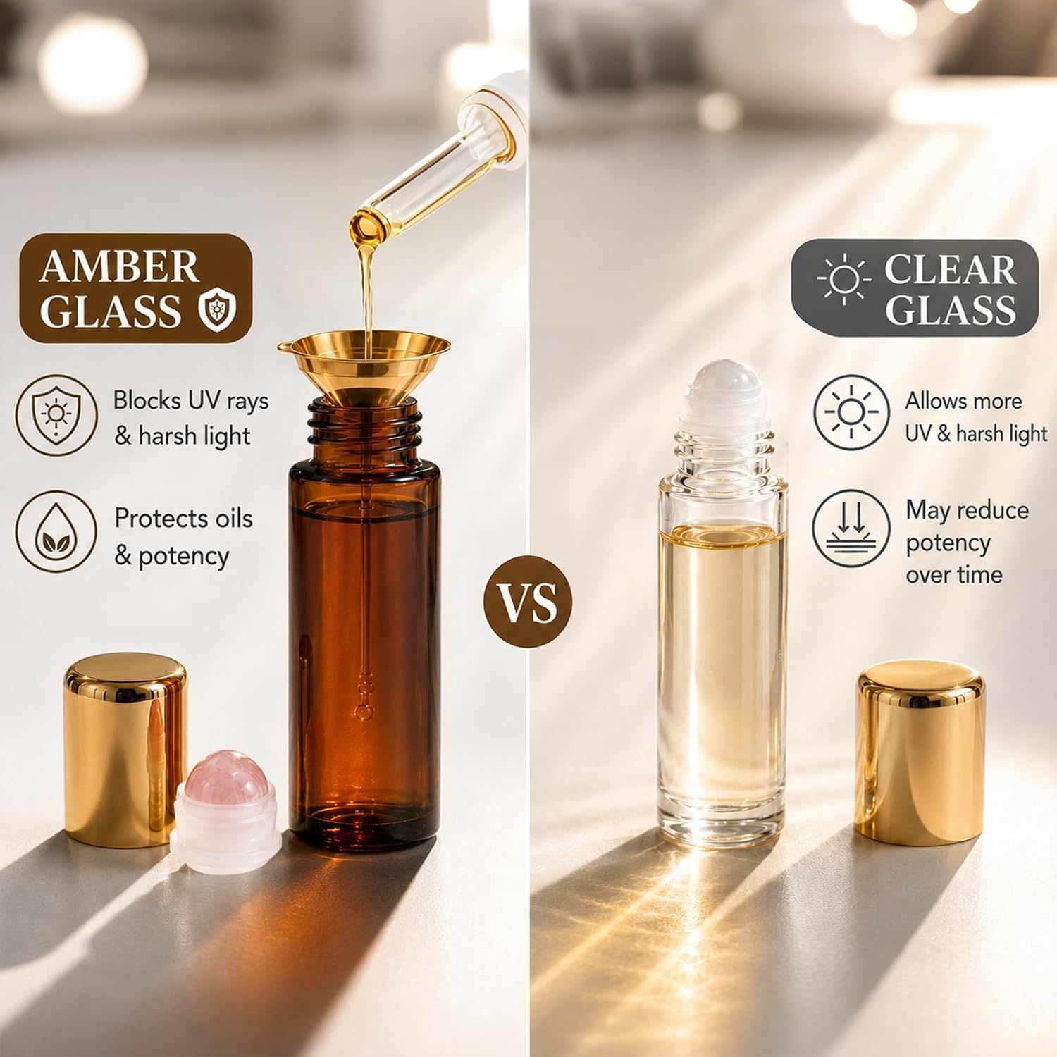 Rose Quartz Roller Bottle, 50ml Amber Glass Roll On Bottle with Crystal Roller Ball, Refillable Roller Ball Applicator for Essential Oils, Perfume, Serums and Castor Oil, Gold Cap Funnel Opener