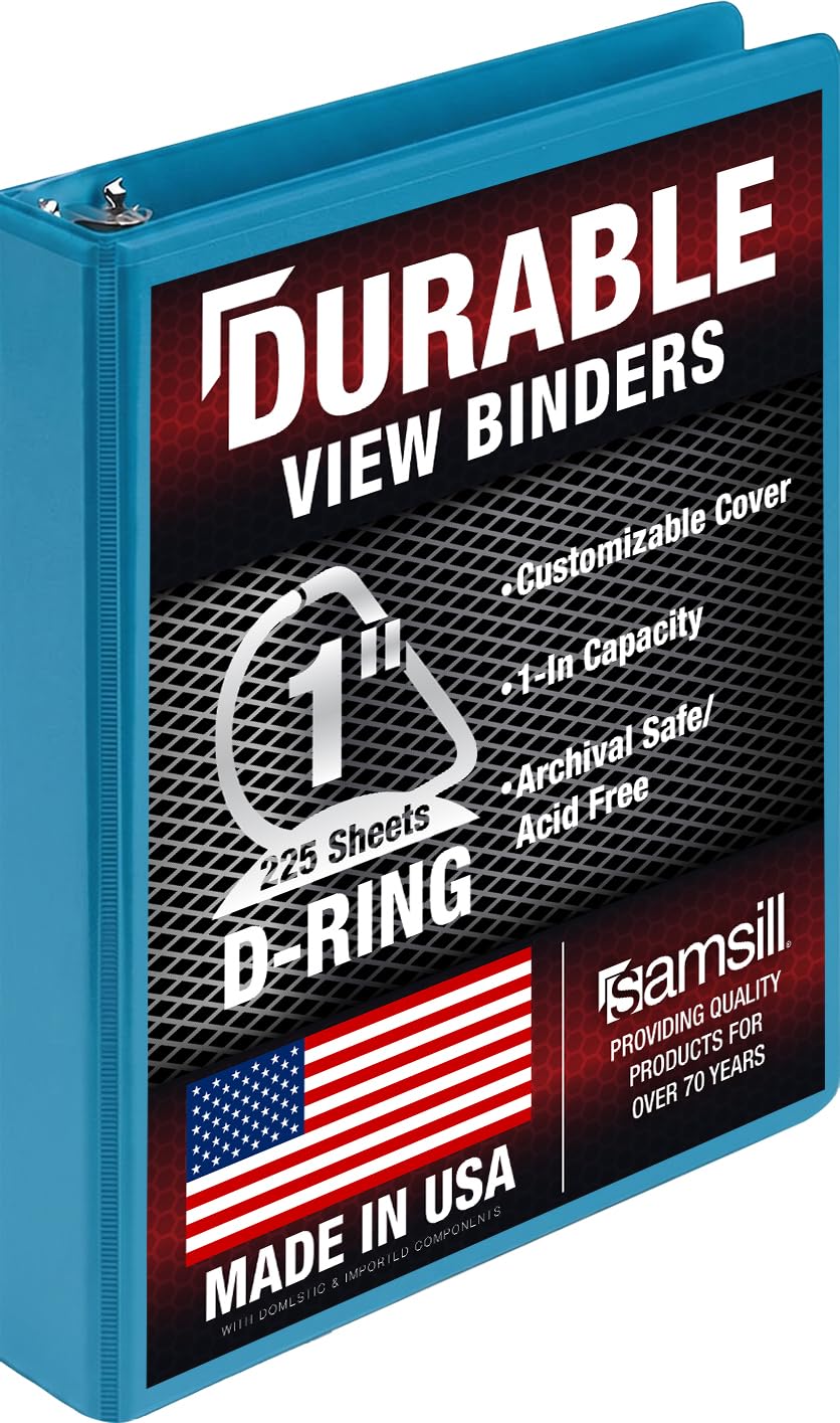 Samsill Durable 1 Inch Binder, D Ring Binder, Customizable Clear View Cover, Sky Blue, Holds 225 Pages