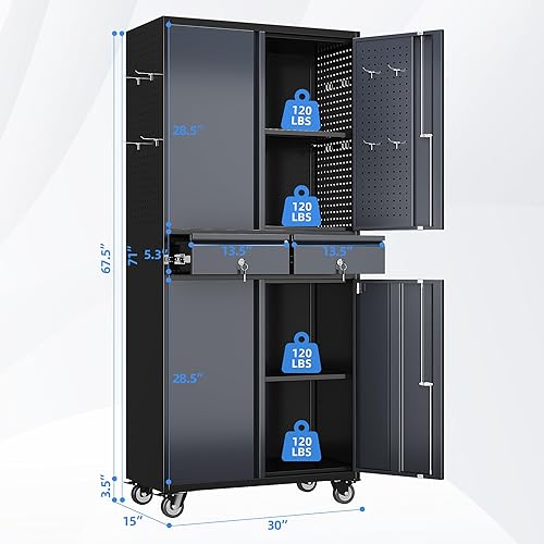 Miniatura 3 de SUXXAN Armario de almacenamiento de metal alto para garaje con rueda y asa para garaje en el hogarestantes ajustables, con cerradura, refuerzo y