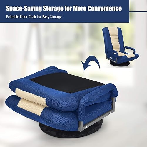 Miniatura 14 de Giantex Silla de suelo, silla giratoria de 360 grados con respaldo ajustable, soporte lumbar, reposabrazos, sofá mecedora plegable para TV, lectura,