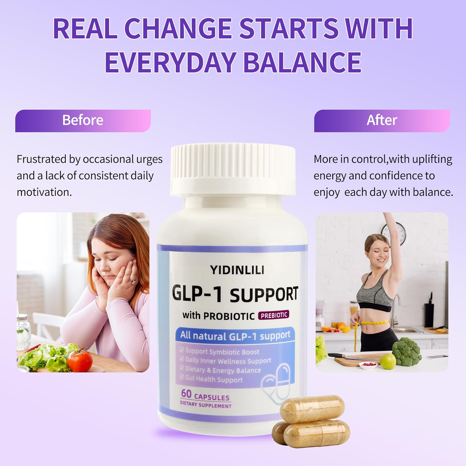 GLP-1 Supplement for Women and Men Metabolic Support GLP1 Naturally with Probiotic and Prebiotic 60 Capsules