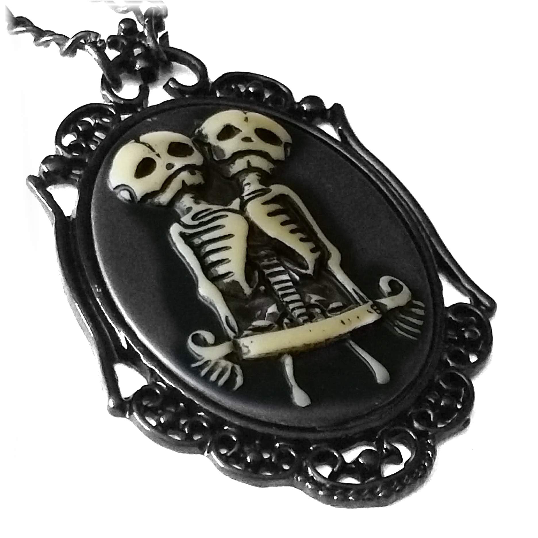 Joji BoutiqueSteampunk Collection: Gothic Black Cameo Necklace with Conjoined Twin Skeleton