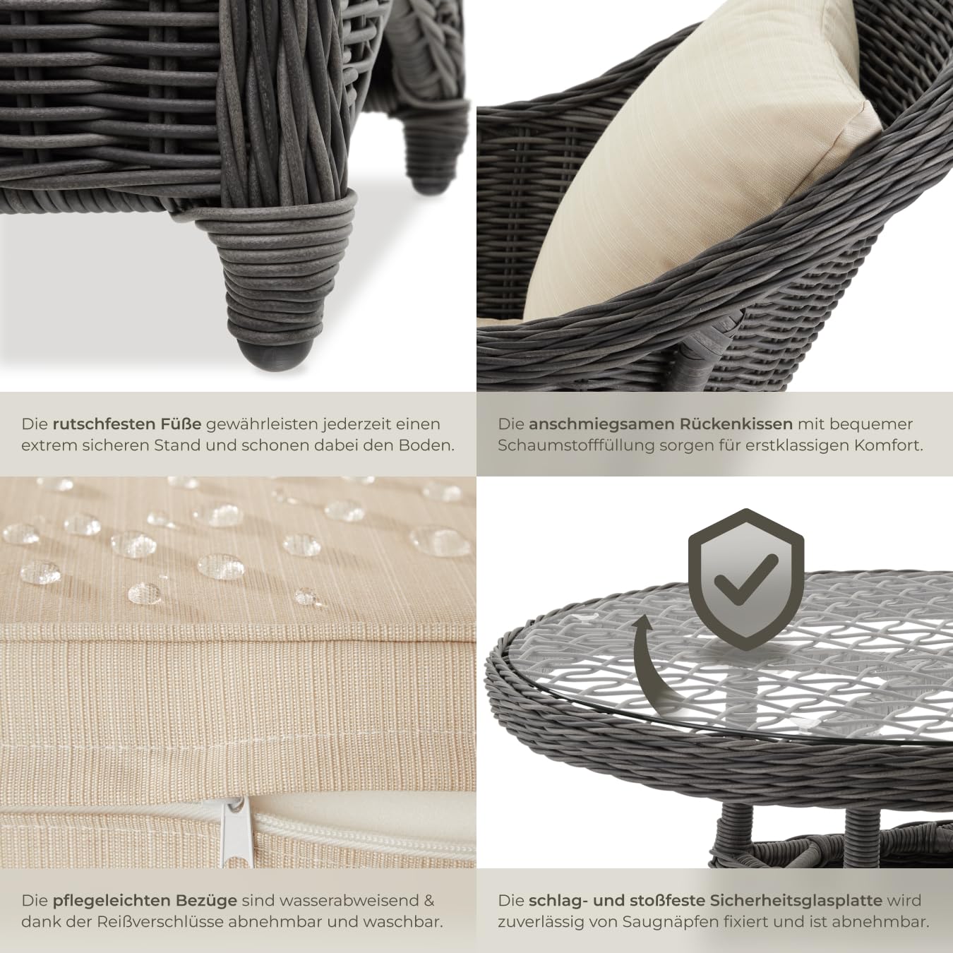 tectake® Sitzgruppe, Rattan Gartenmöbel Set, 1x Tisch und 4X Stuhl, Möbel wetterfest als Lounge im Wintergarten, Balkonmöbel, Gartensessel, Terrassenmöbel - grau