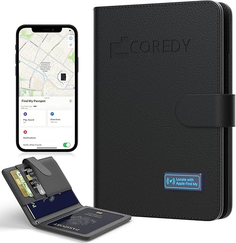 Coredy Soporte para pasaporte con rastreador Bluetooth, funciona con Apple Find My (solo iOS), cubierta de pasaporte localizada, indicador de sonido