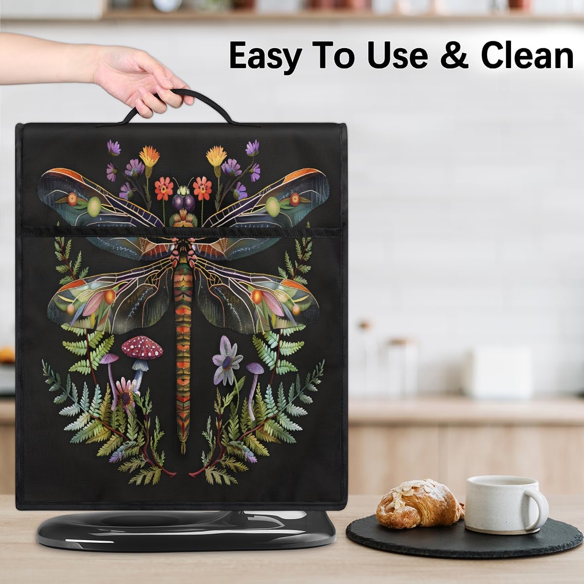 Color Dragonfly Flower Mushroom Kitchen Aid Mixer Cover Compatible with 6-8 Quarts Stand Mixer Dust Cover with Zipper Pocket Kitchen Aid Mixer Accessories Kitchen Appliance Organizer Bag