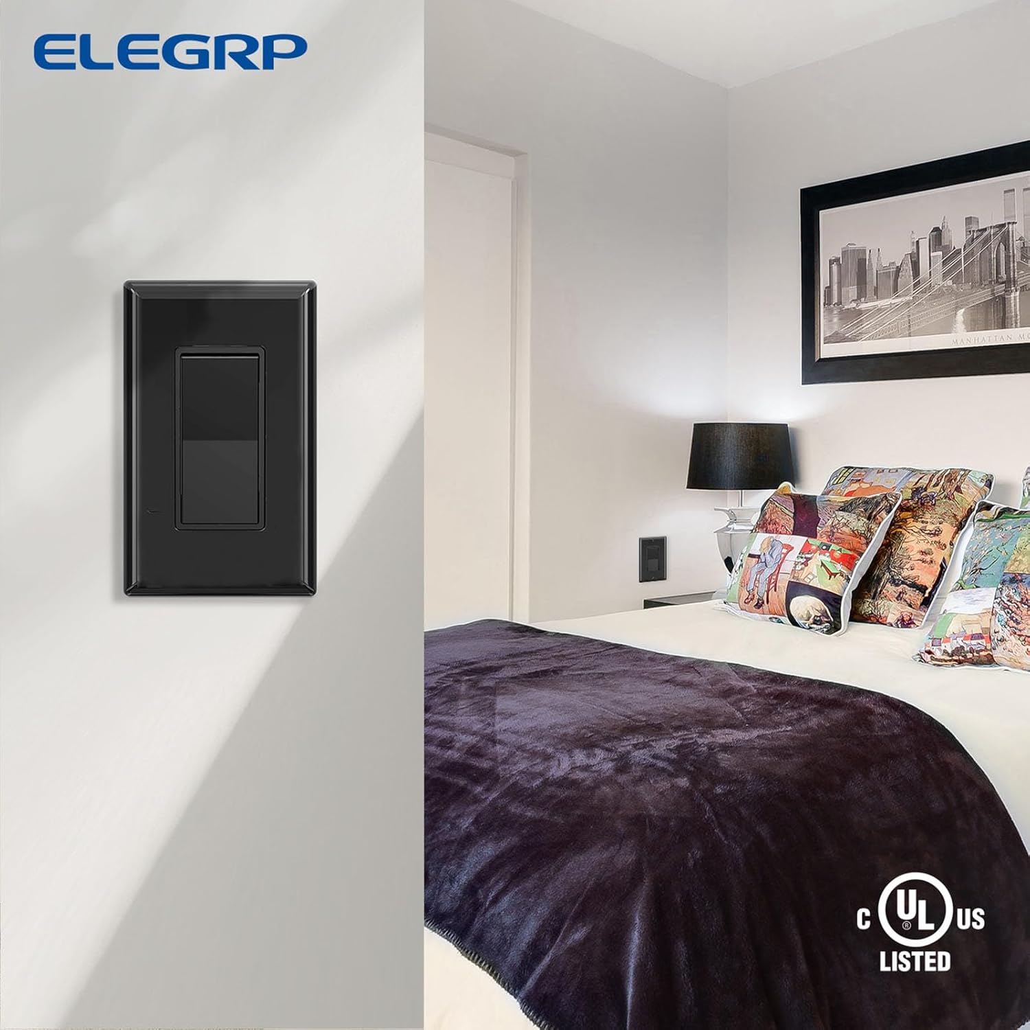 ELEGRP Single Pole Decorator Light Switch with Plate 15Amp, 120-277V, Paddle Rocker Switch Replacement, On/Off Switch, Self-Grounding, Residential Grade, w/Wall Plate, UL/CUL (10 Pack Glossy Black)