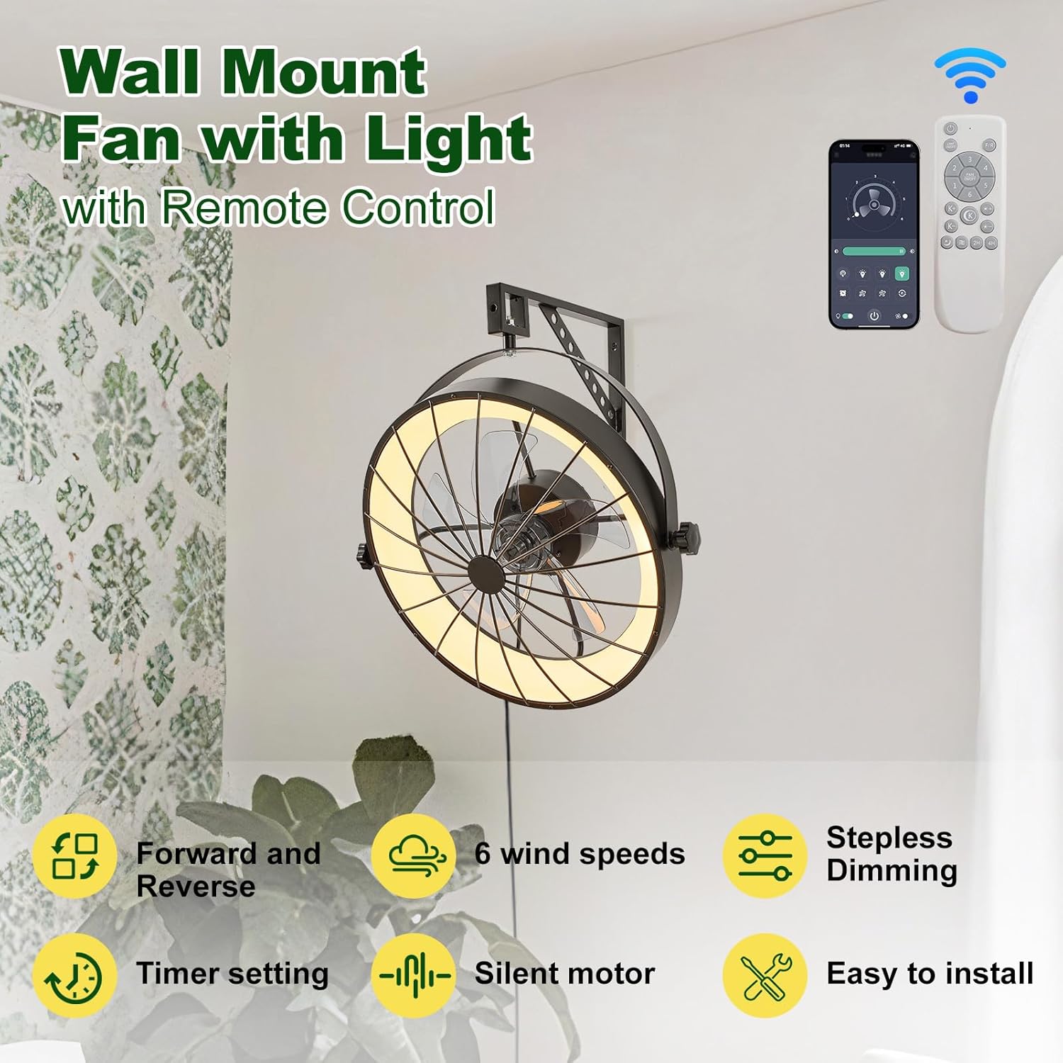 Wall Mount Fan with Remote App Control, 20" Quiet Wall Mounted Fans with Light, 3 Color Dimmable, 360° Adjustable Tilt Plug in Ceiling Fan Indoor Wall Hanging Fan for Garage, Home, Patio