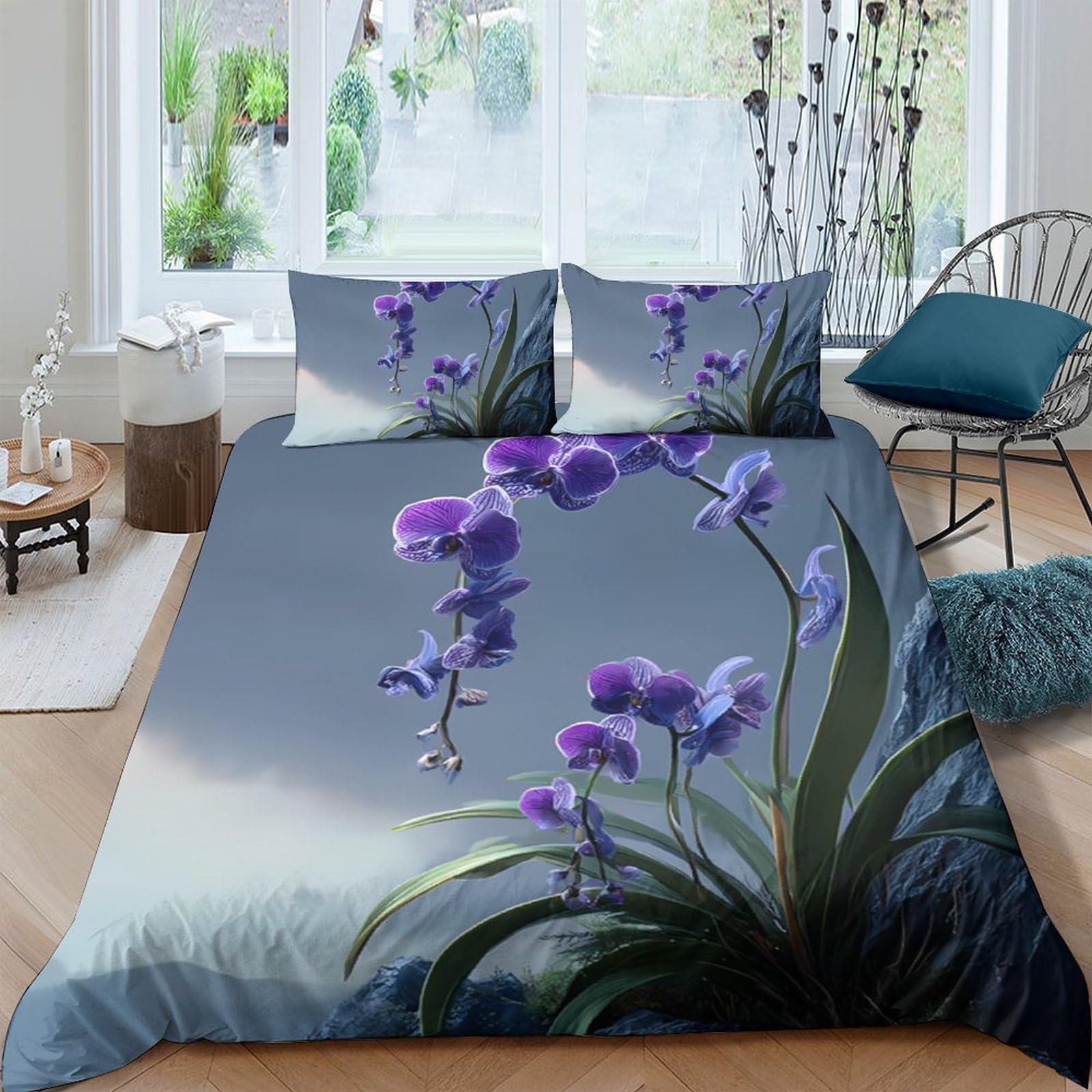 GPLZQXKJNH 3D Printed Purple Orchid Duvet Cover Microfiber Soft Breathable Misty Botanical Bedding Set with 2 Pillowcases for Bedroom Decor Single（135x200cm）