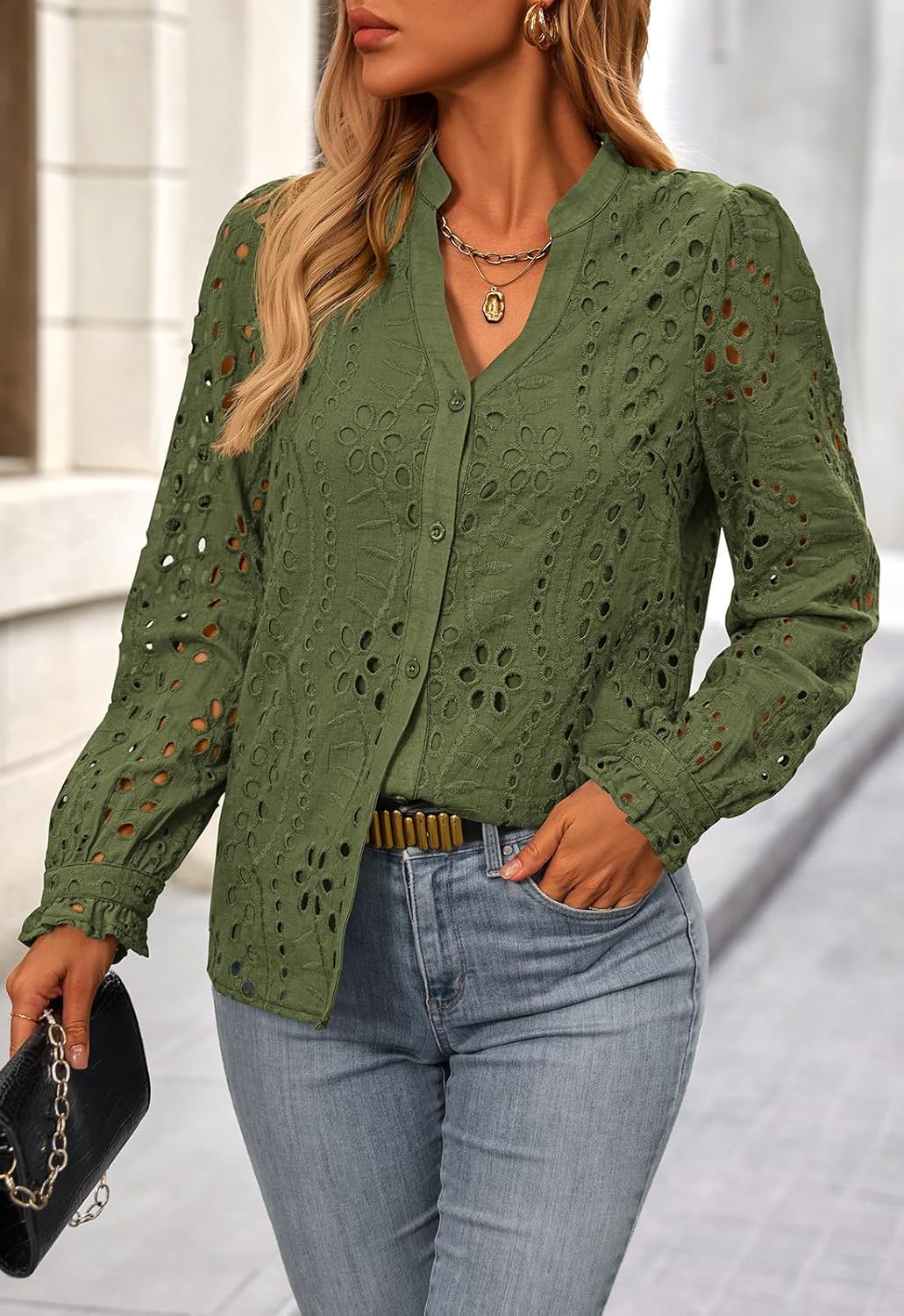 NALANISA Women's Long Sleeve Shirts Button Down Dressy Casual Blouses V Neck Embroidery Hollow Out Tops Fall Winter Clothes - Image 2