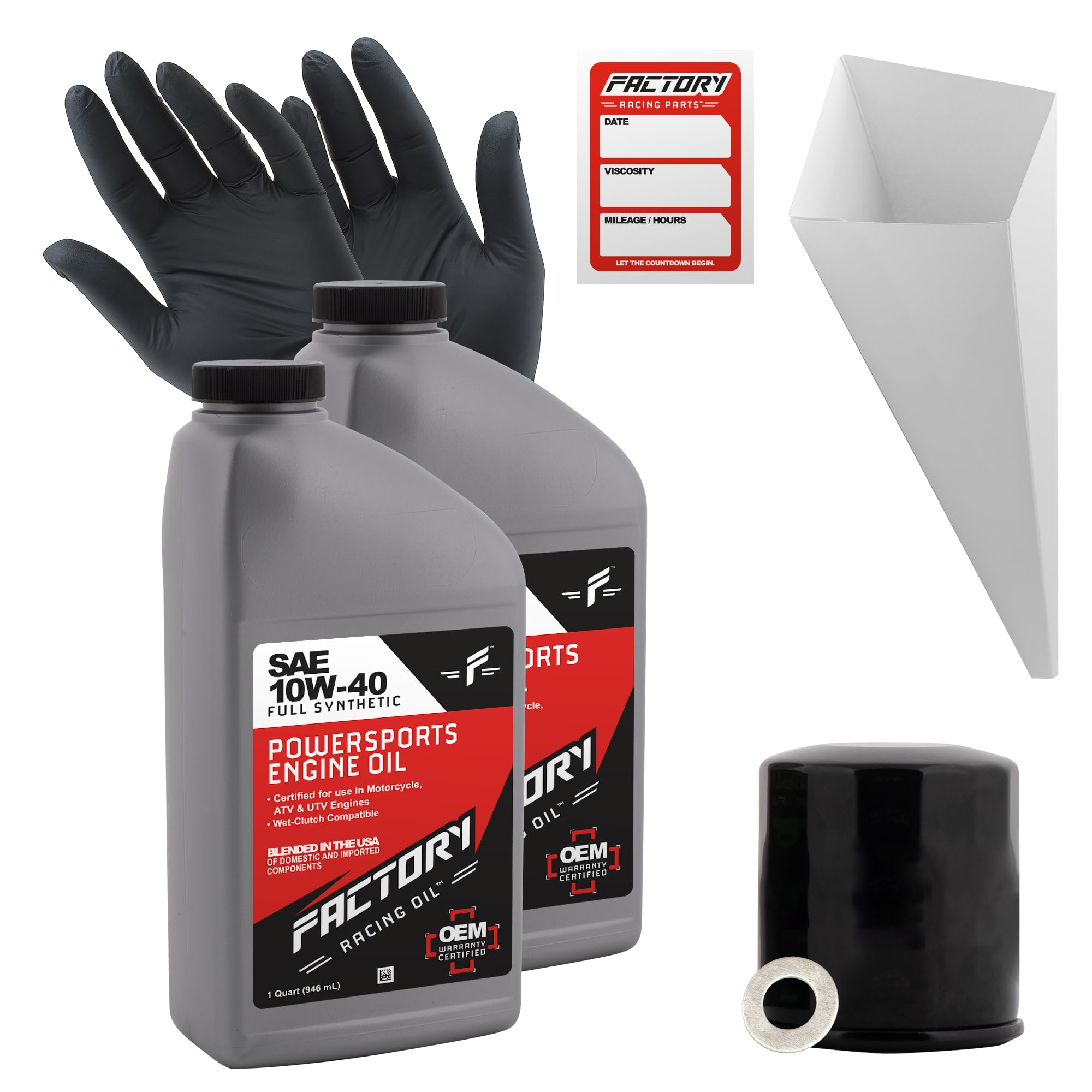 Factory Racing Parts Oil Change Kit compatible with Kawasaki EN650 EX650 KLE650 Z650 – Includes 2 Quarts of 10W-40 Full Synthetic Oil, 1 Filter, 1 Crush Washer, 1 Funnel, 1 Oil Change Sticker