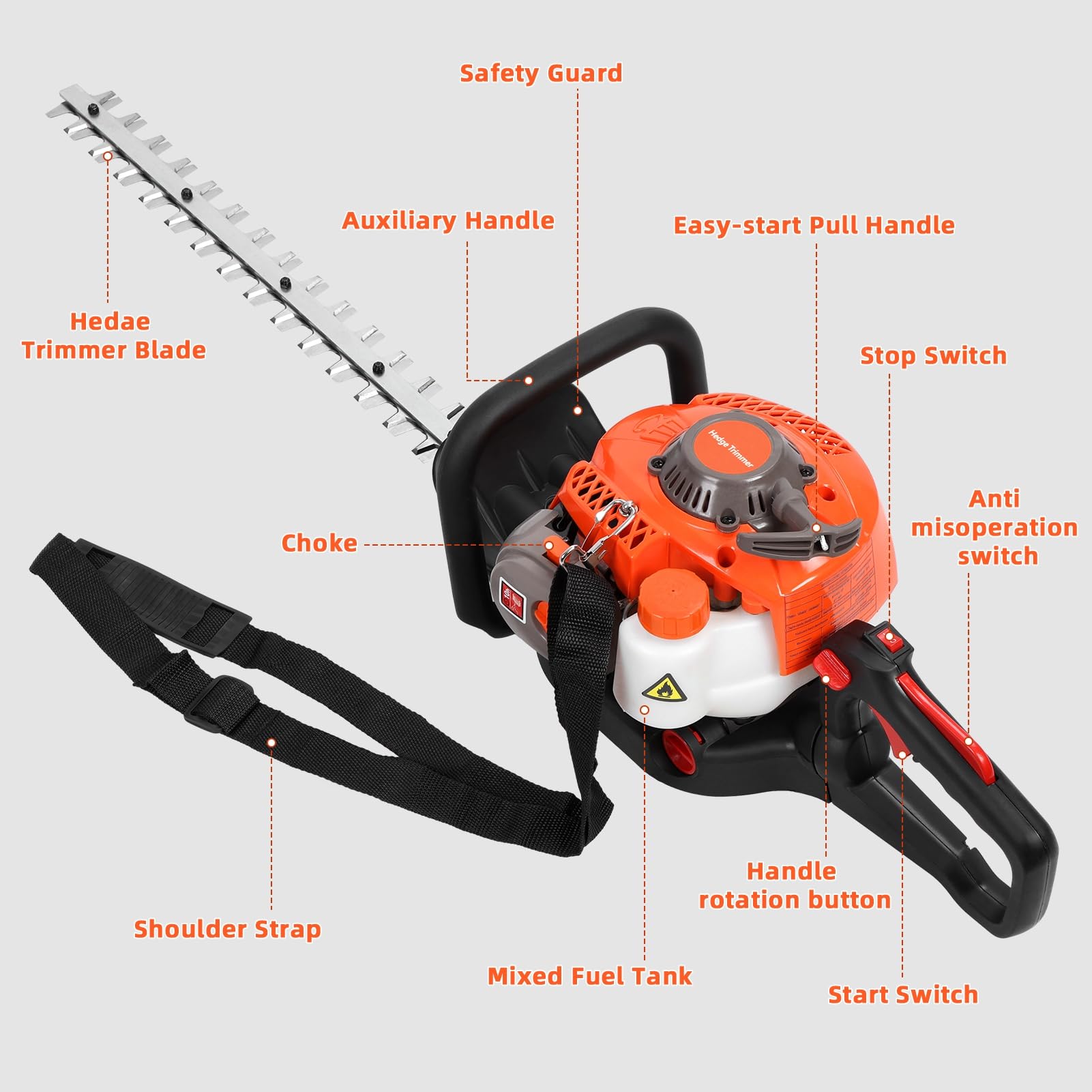 Taille-Haie Essence 26 cm³ Double Lame 600mm, Taille-Haie Thermique Puissant avec Poignée Ergonomique, Démarrage Rapide pour Jardin, Arbustes et Haies Orange